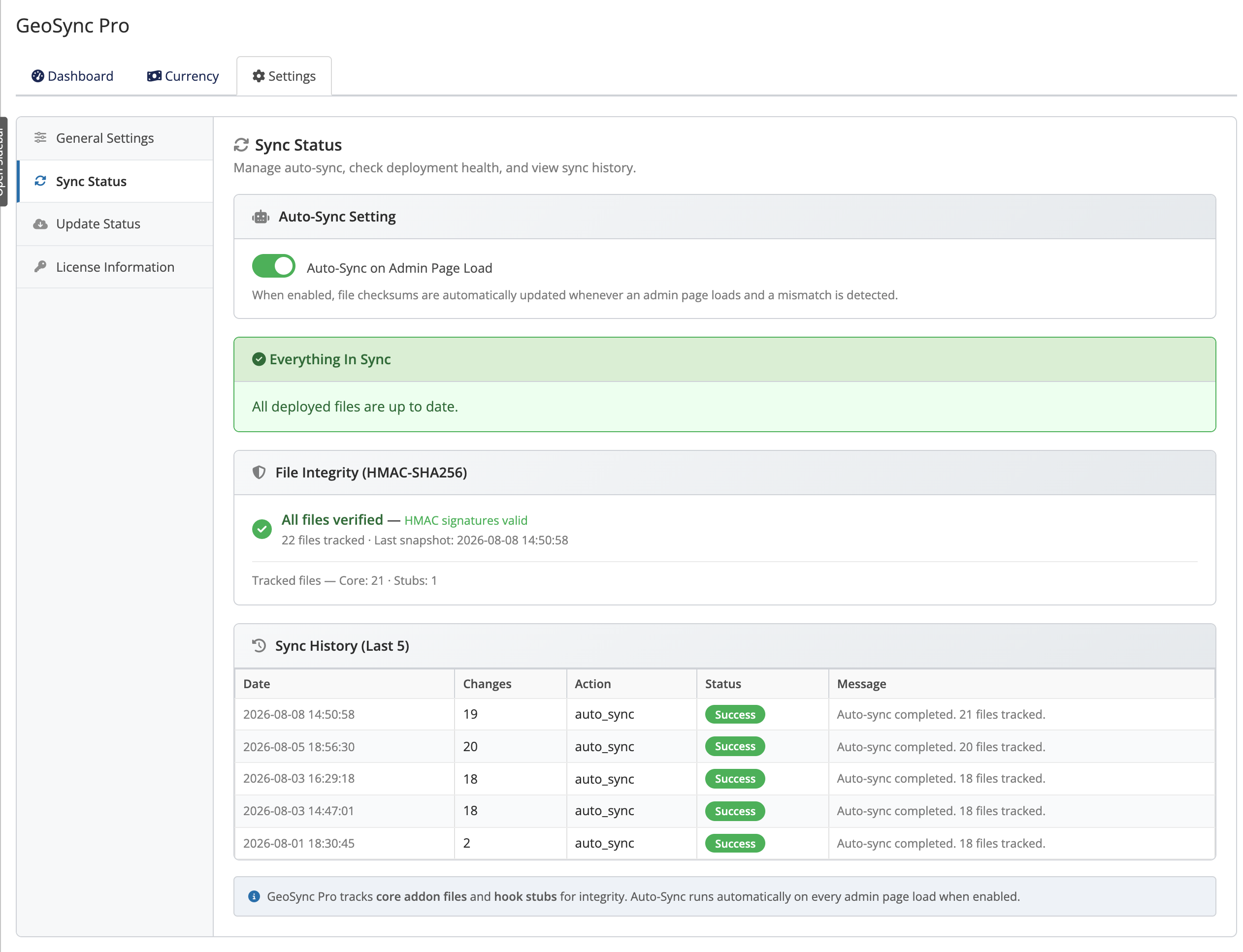 The Sync Status panel in the WHMCS admin