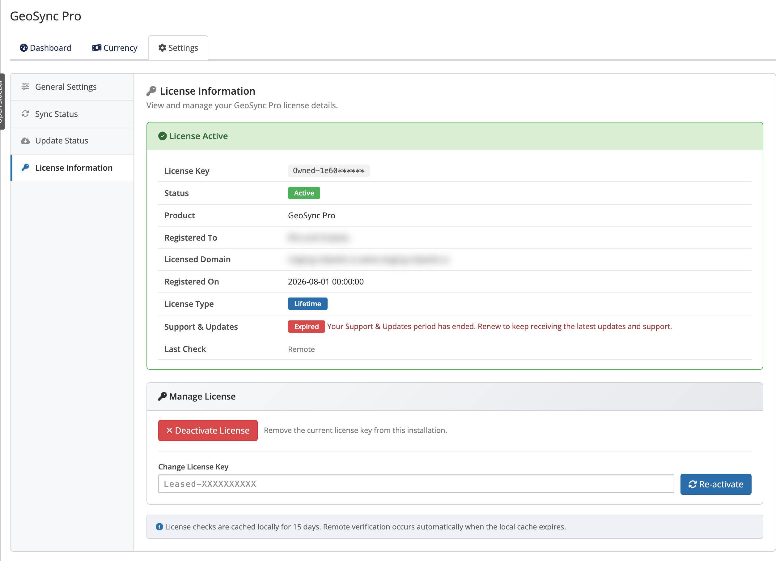 License Information in the GeoSync Pro settings