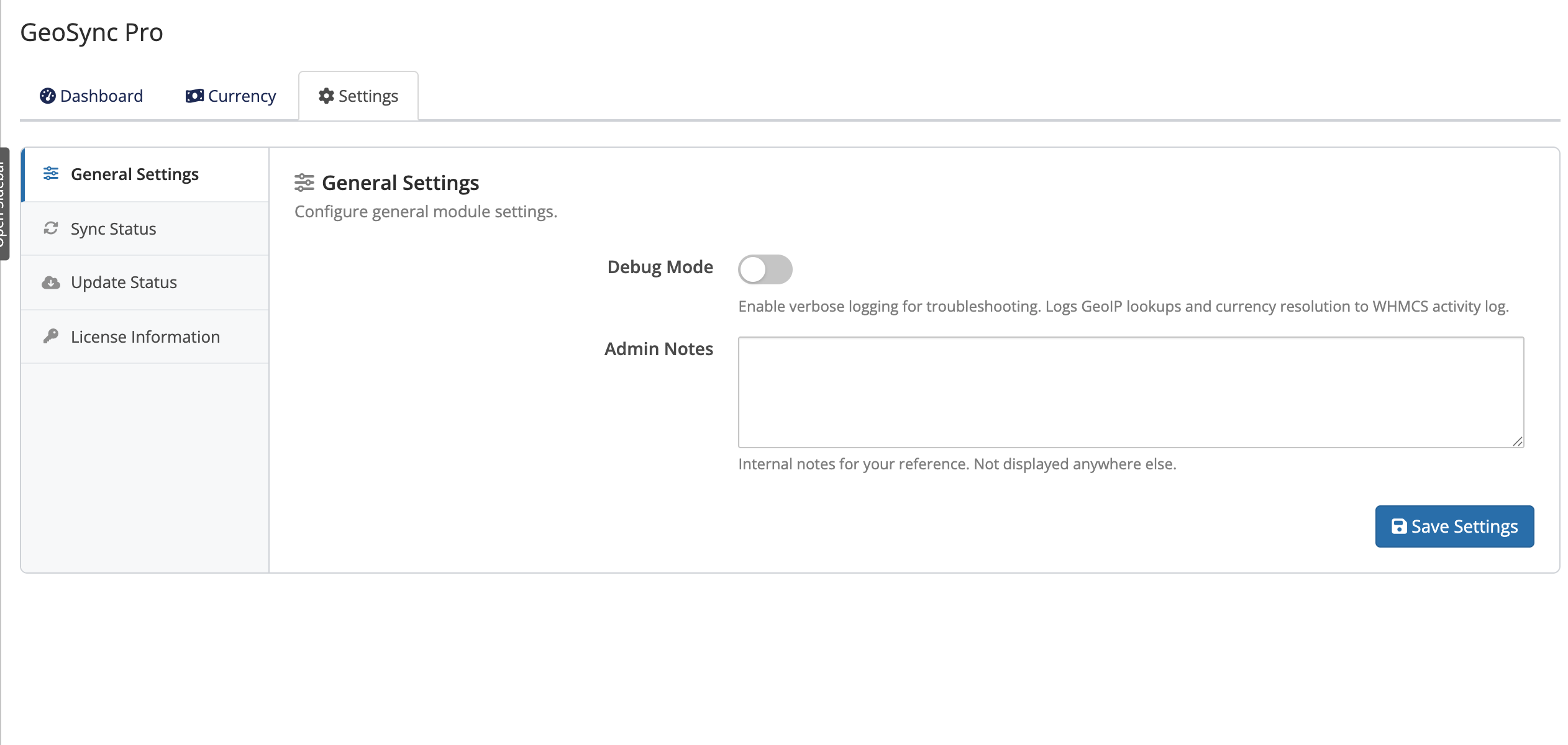 GeoSync Pro Settings sidebar