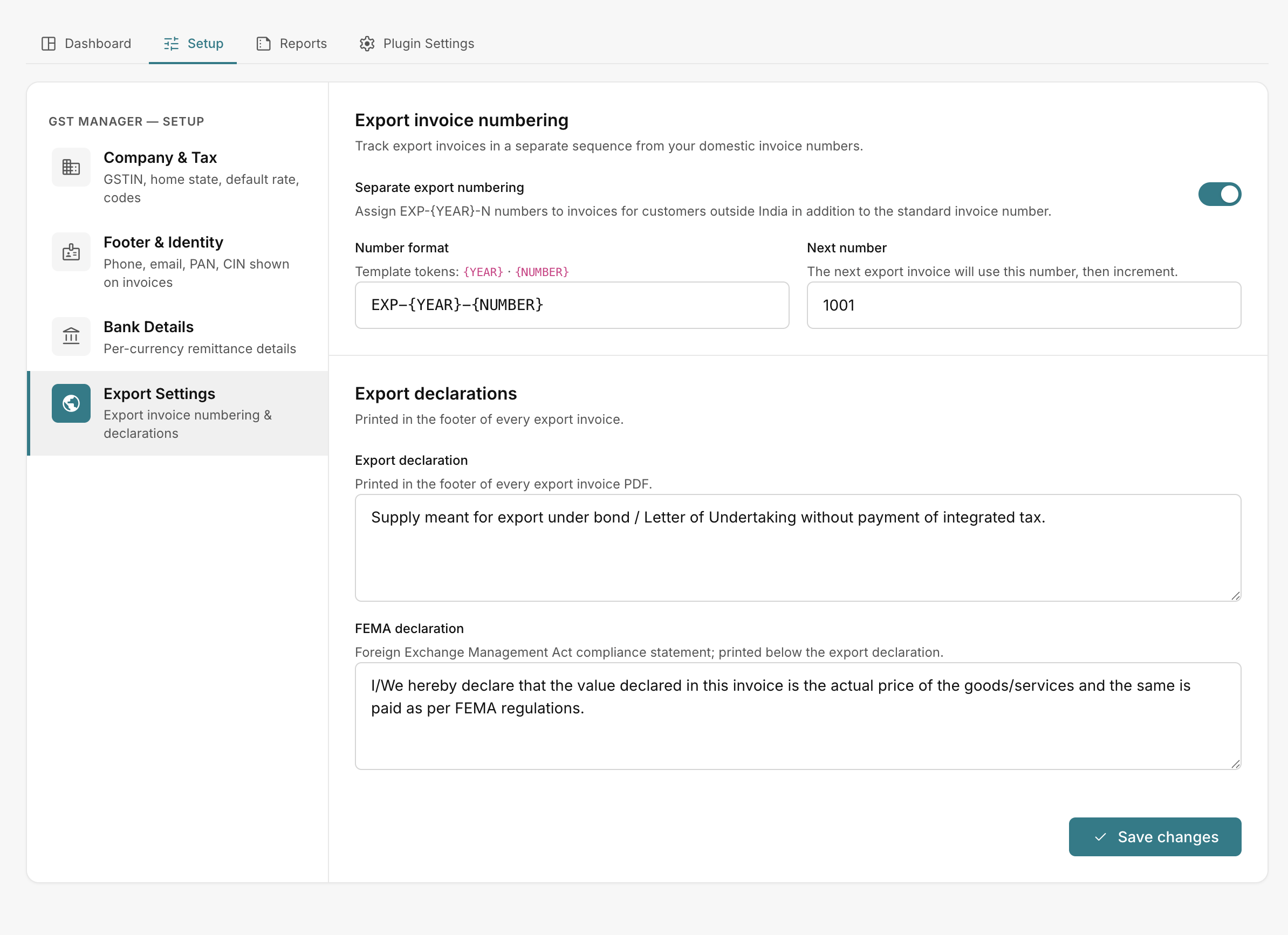Export numbering settings