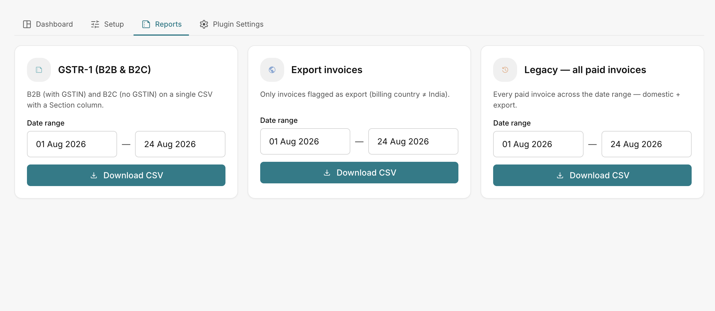 The Reports screen with date range and Download CSV