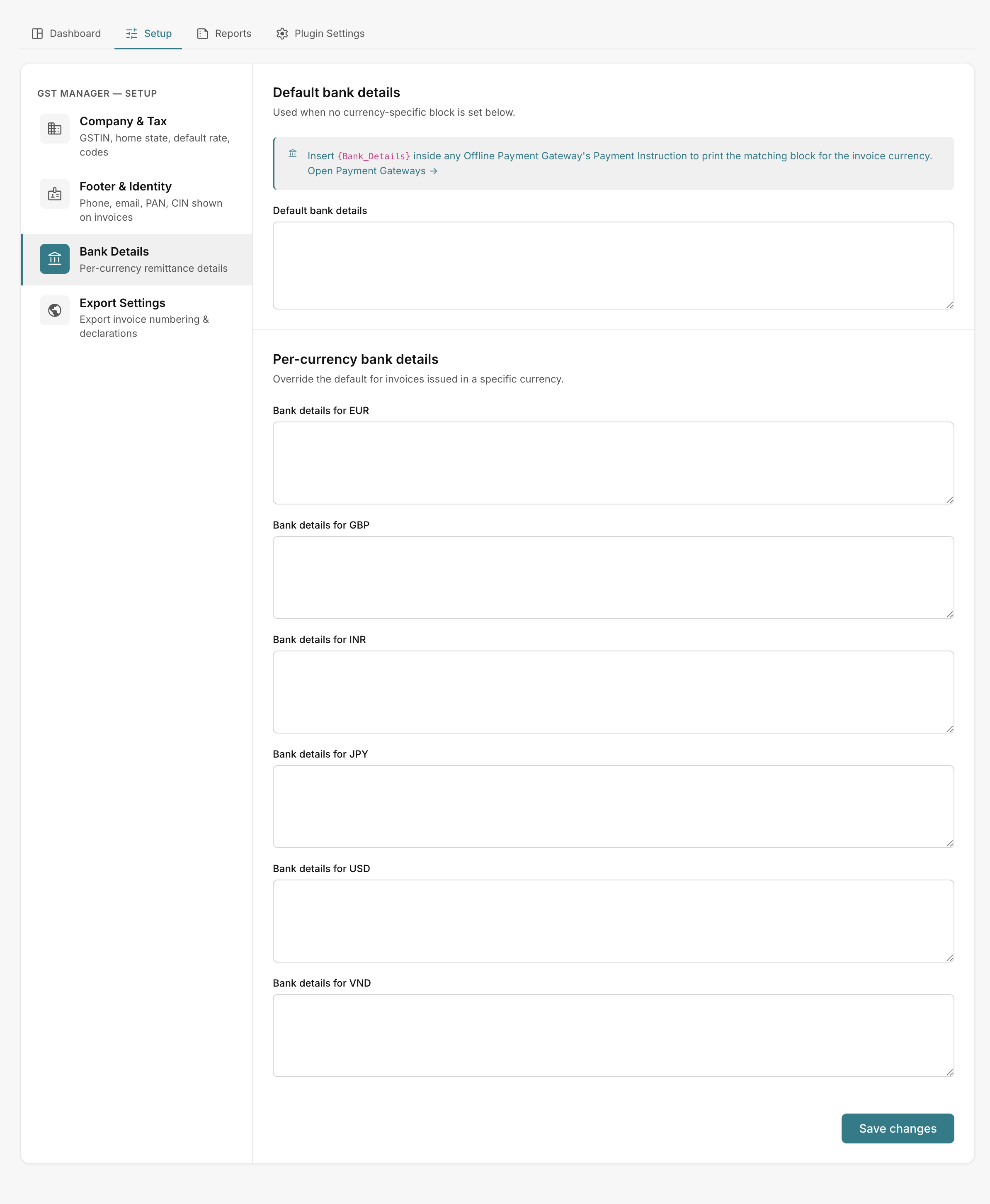 The Bank Details setup screen