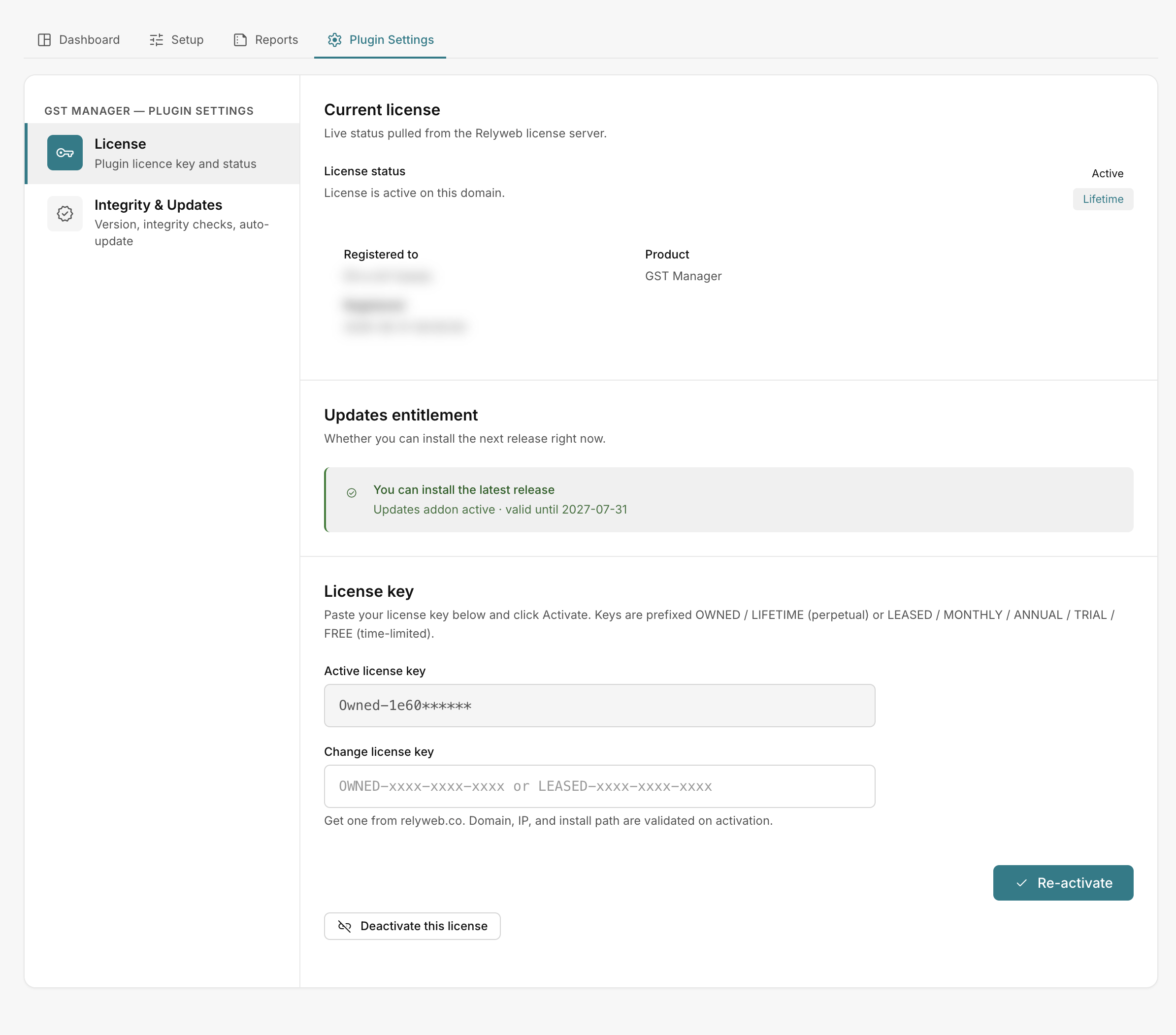 The License page in Plugin Settings