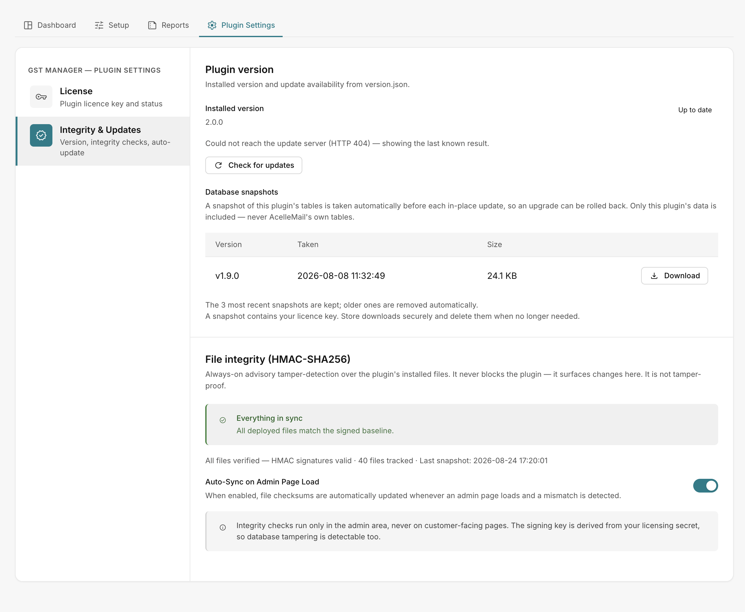 The Integrity & Updates tab showing the installed version and update controls