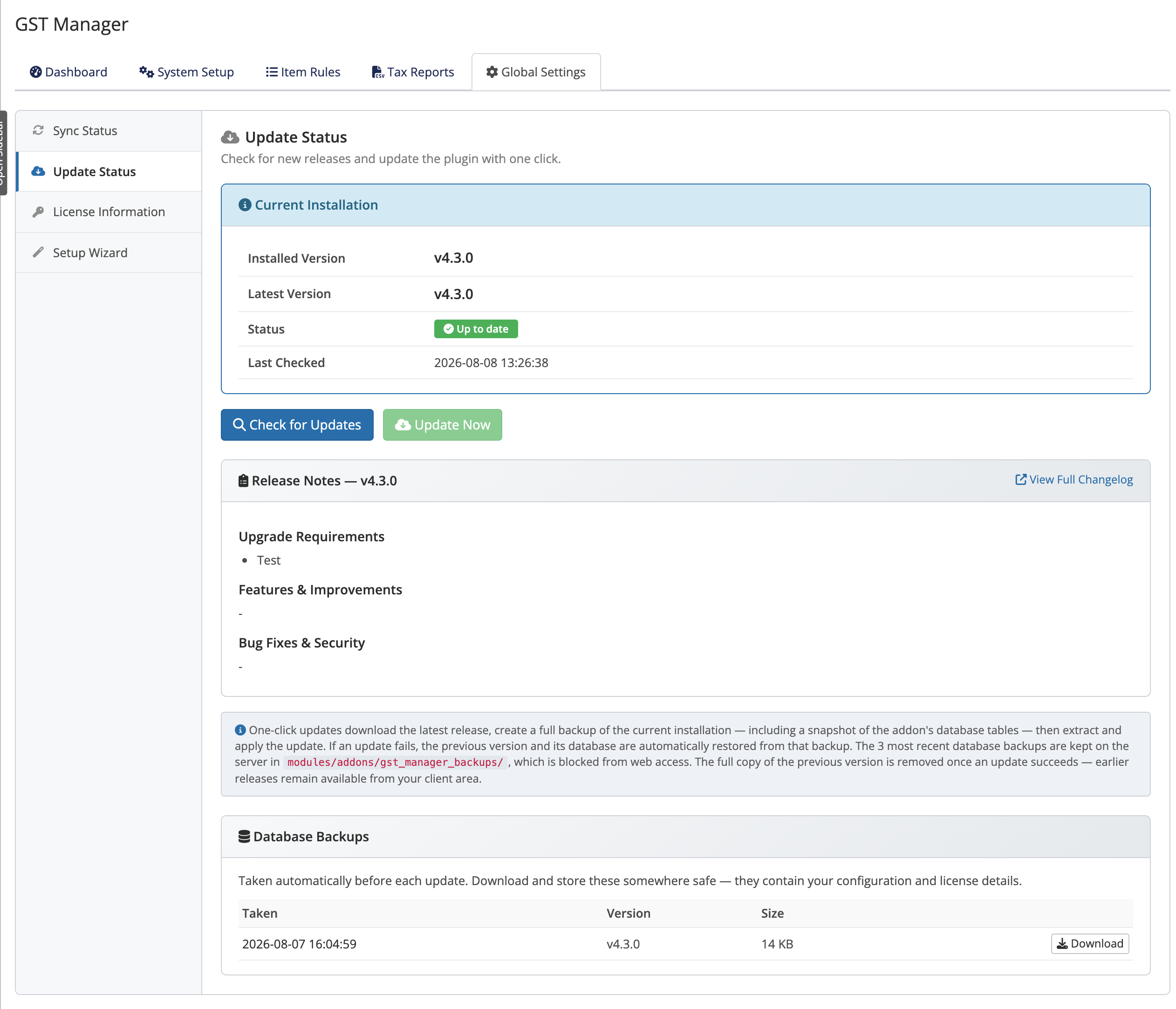 Database Backups panel