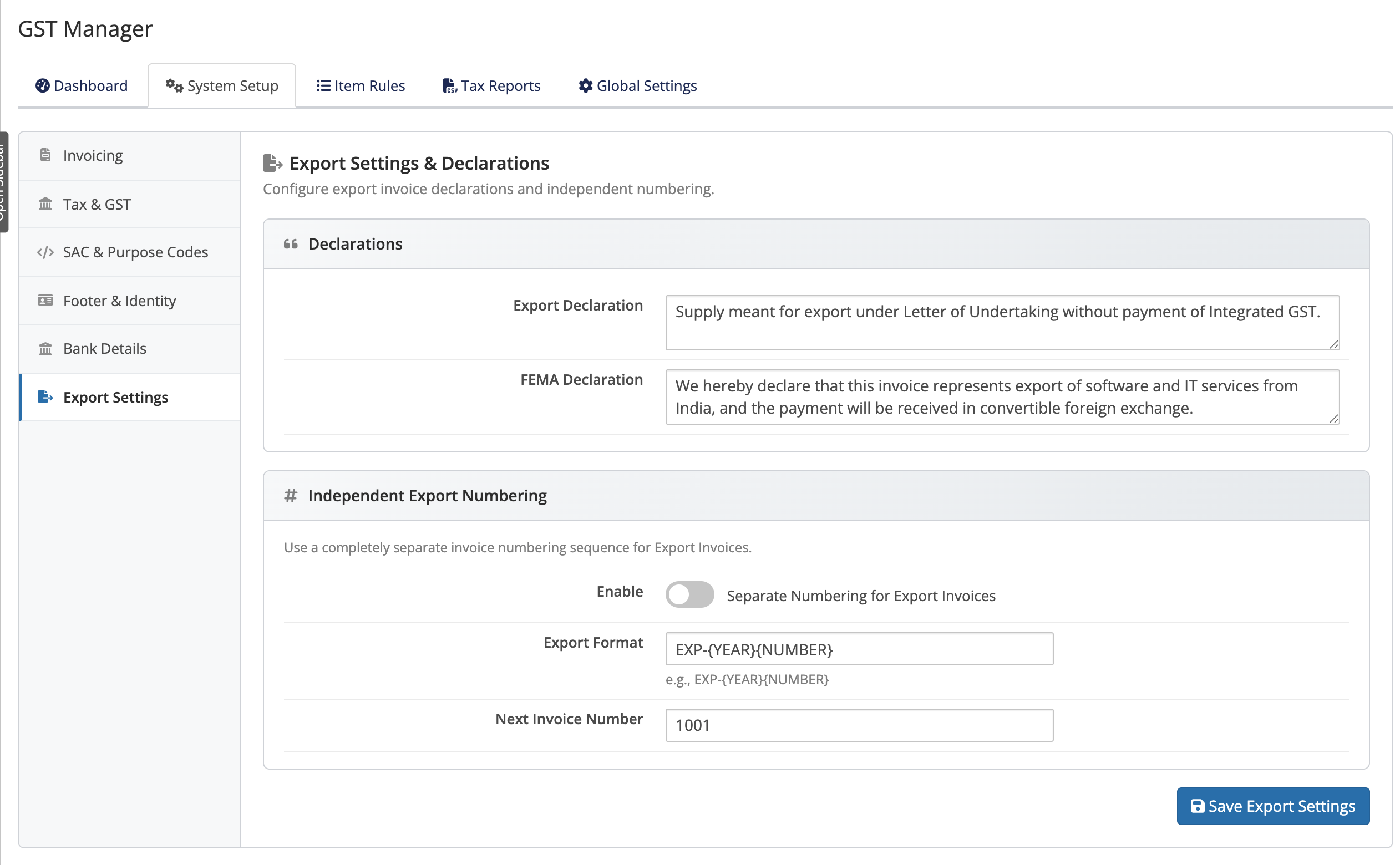 Export Settings in System Setup