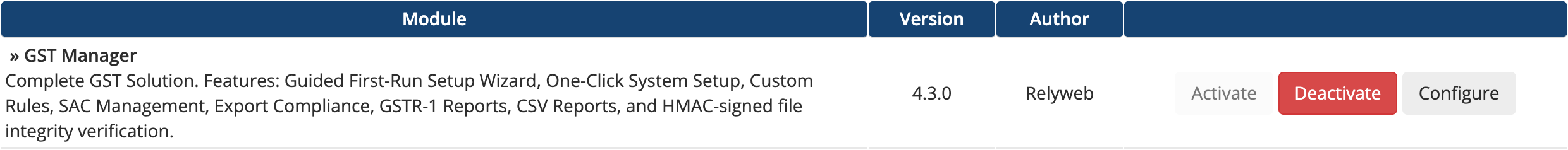The GST Manager row on the Addon Modules page with the Activate button