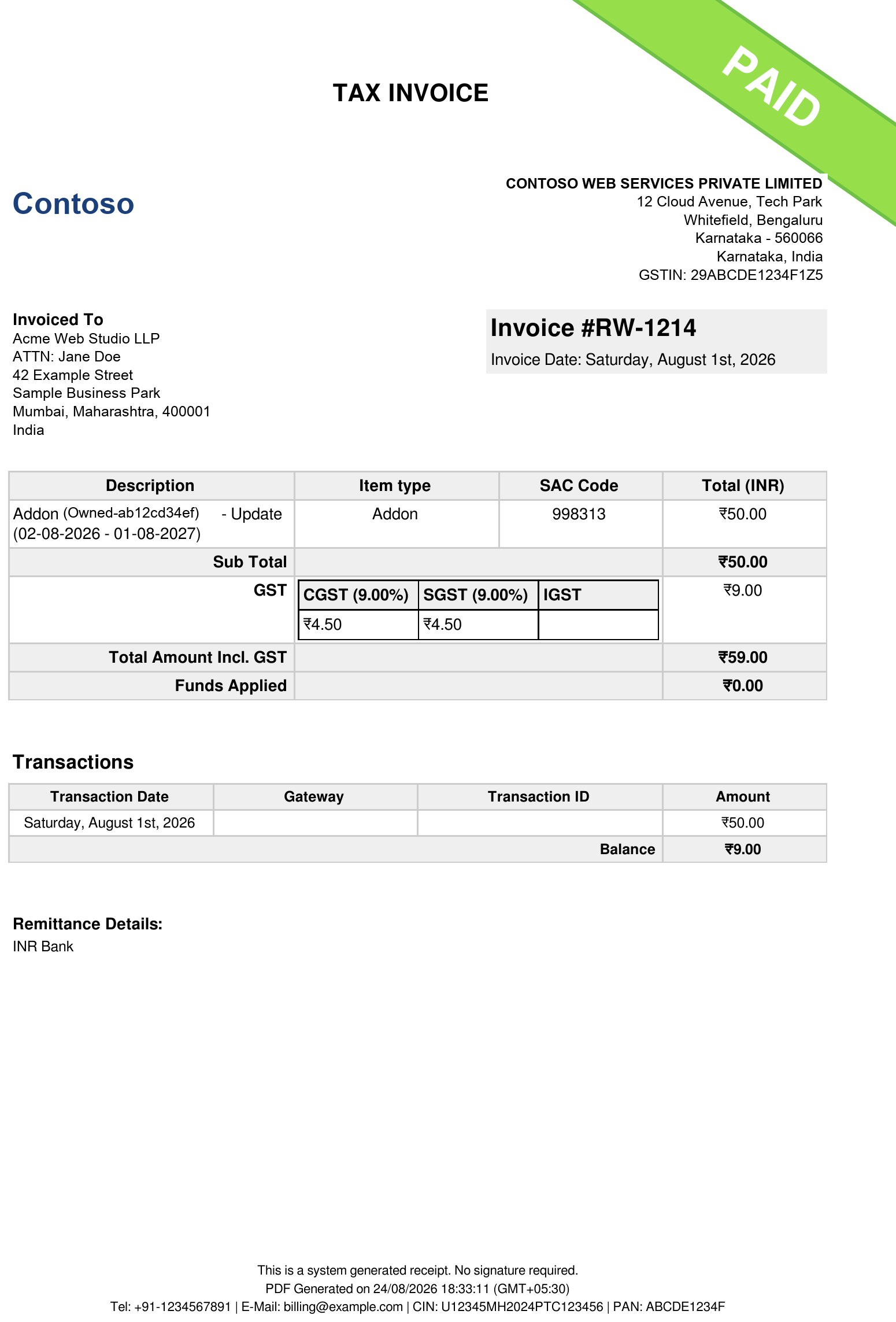 A generated GST tax invoice PDF