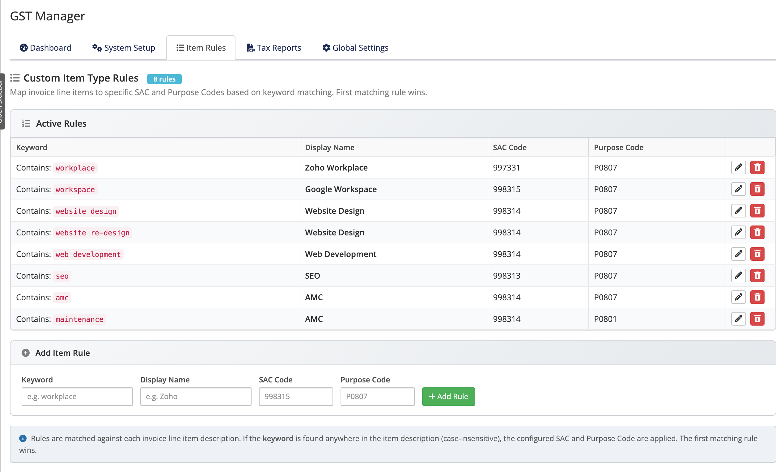GST Manager Item Rules screen