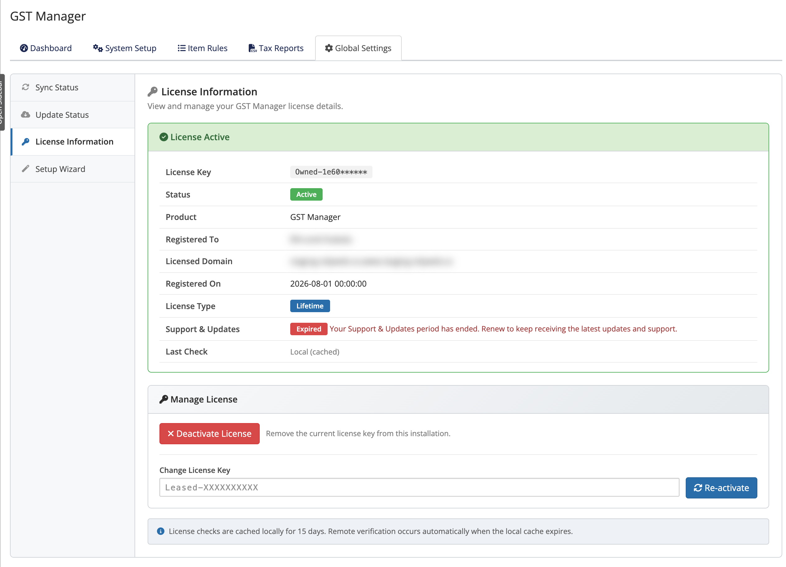 License Information panel in Global Settings