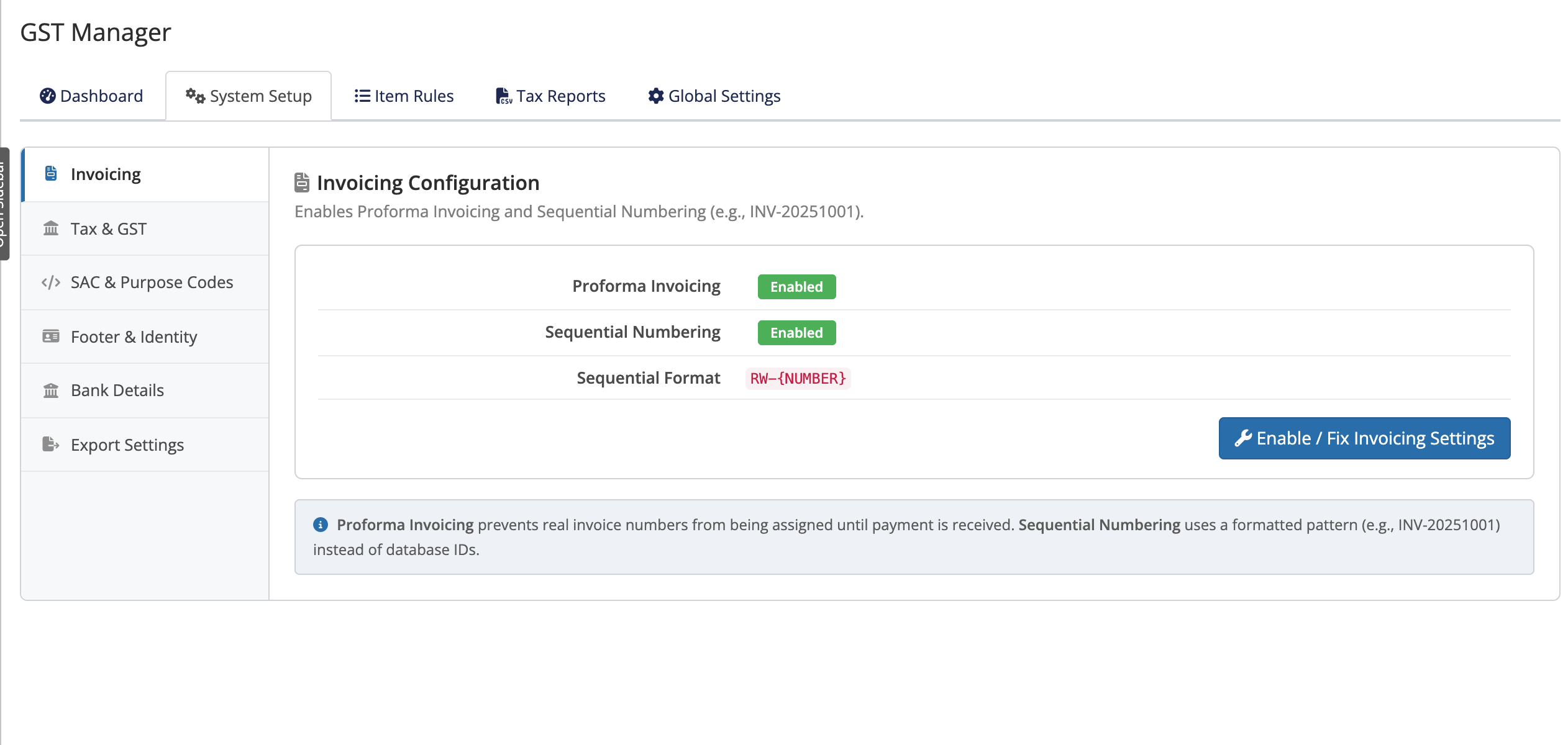 System Setup sections in GST Manager