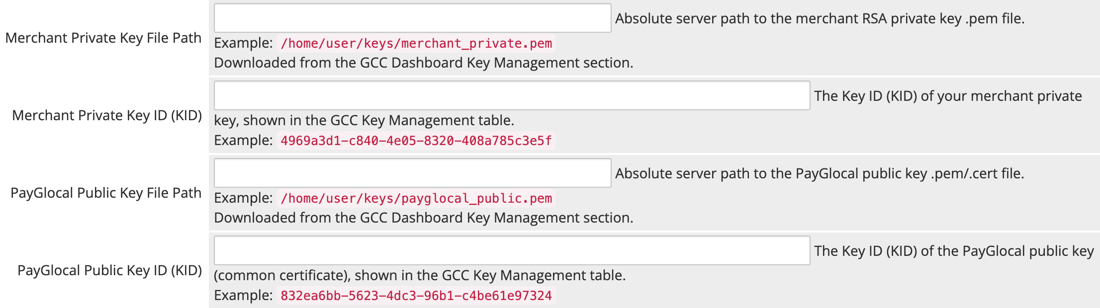 The PayGlocal key path and KID fields