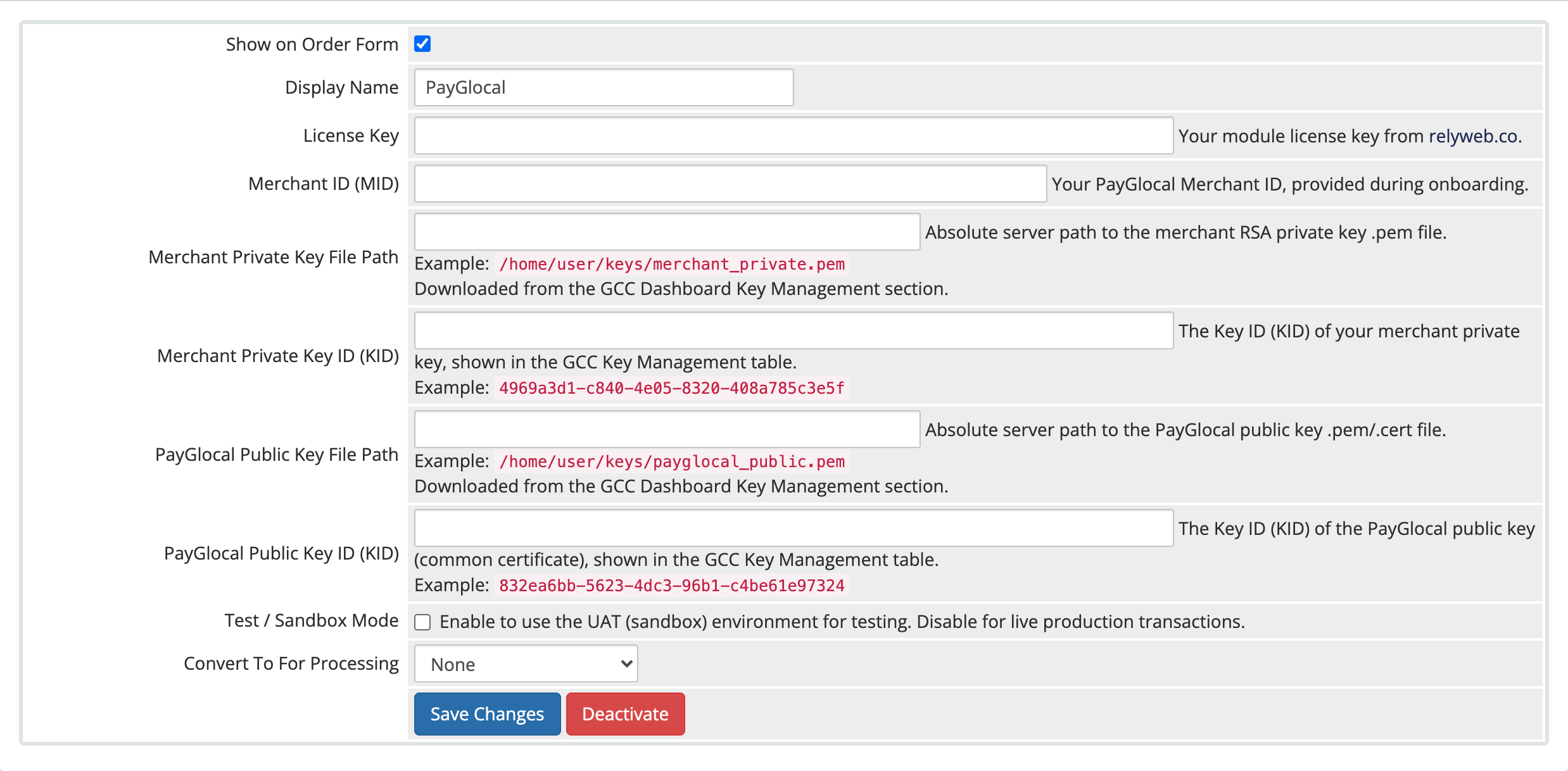 The PayGlocal gateway configuration form