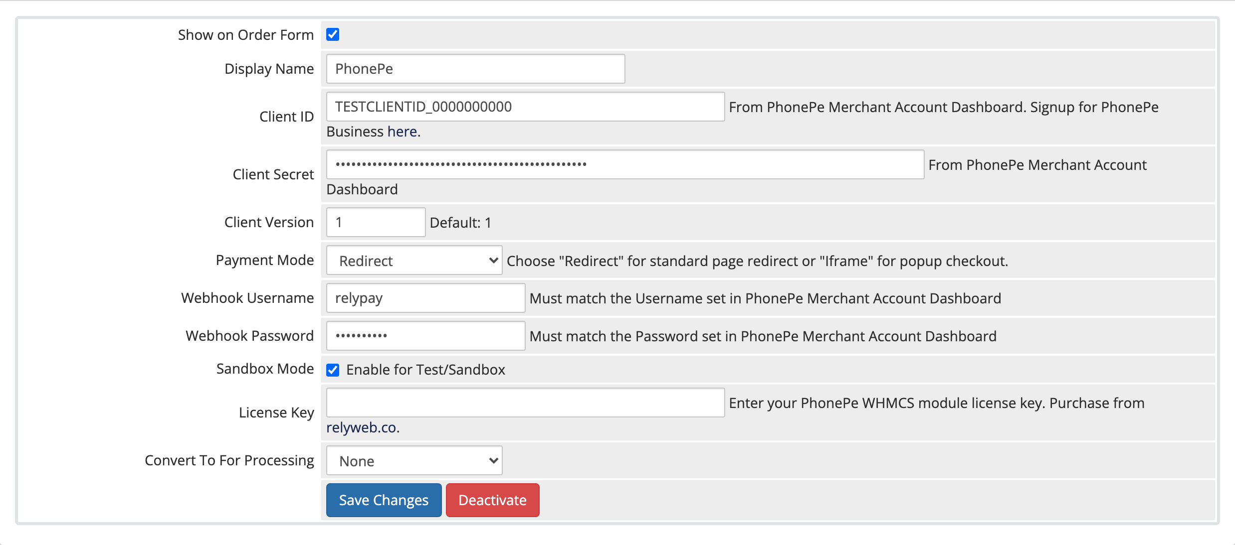 PhonePe gateway configuration fields