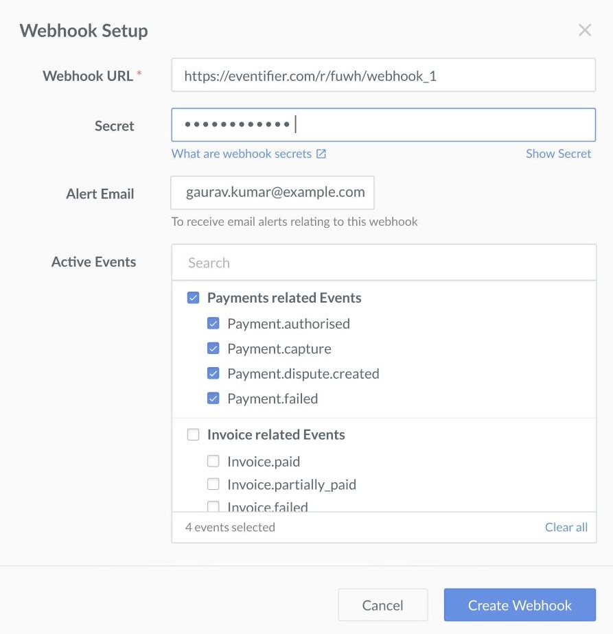 Razorpay Dashboard Webhooks screen