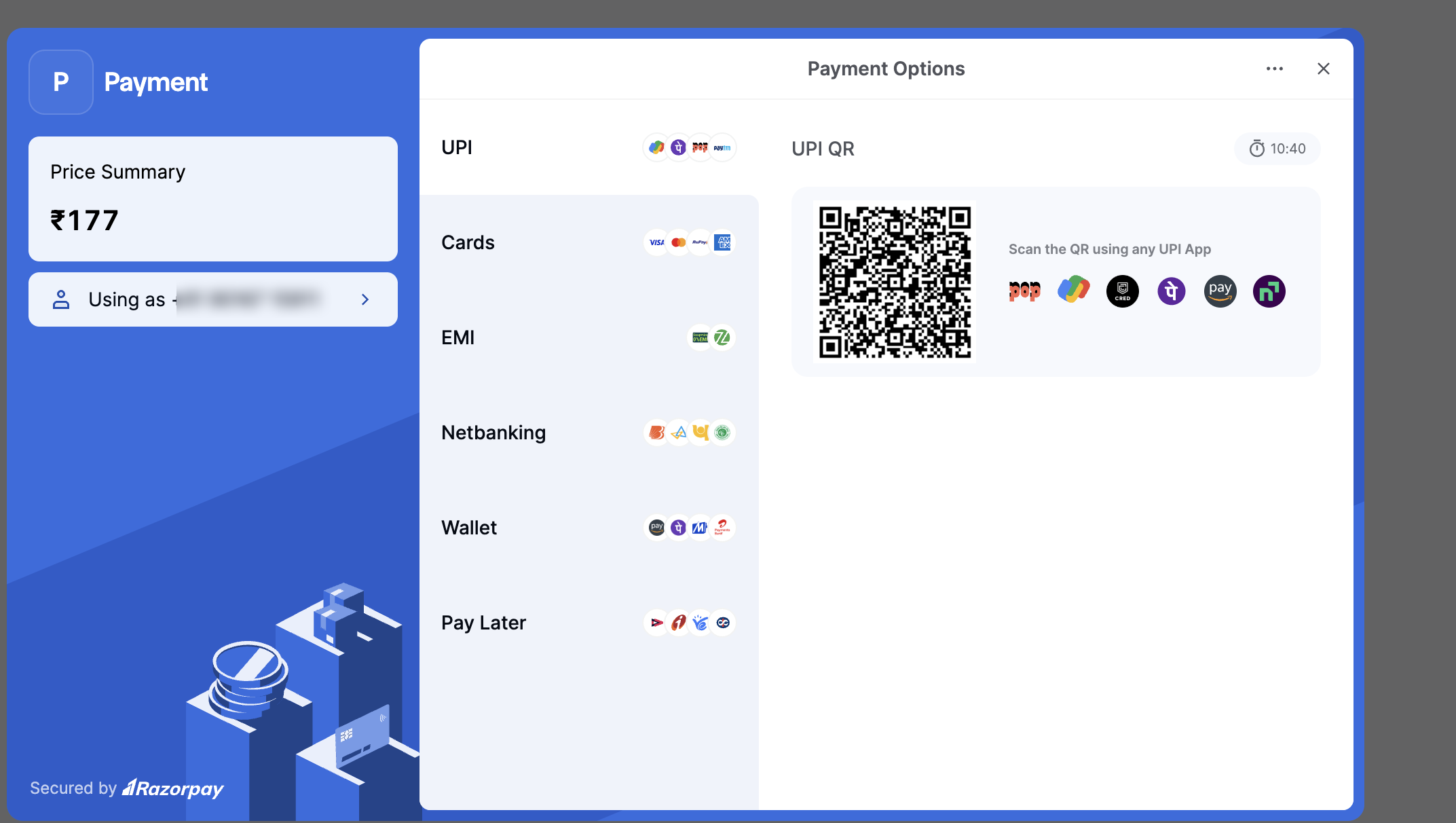The Razorpay checkout window opening for a one-time payment
