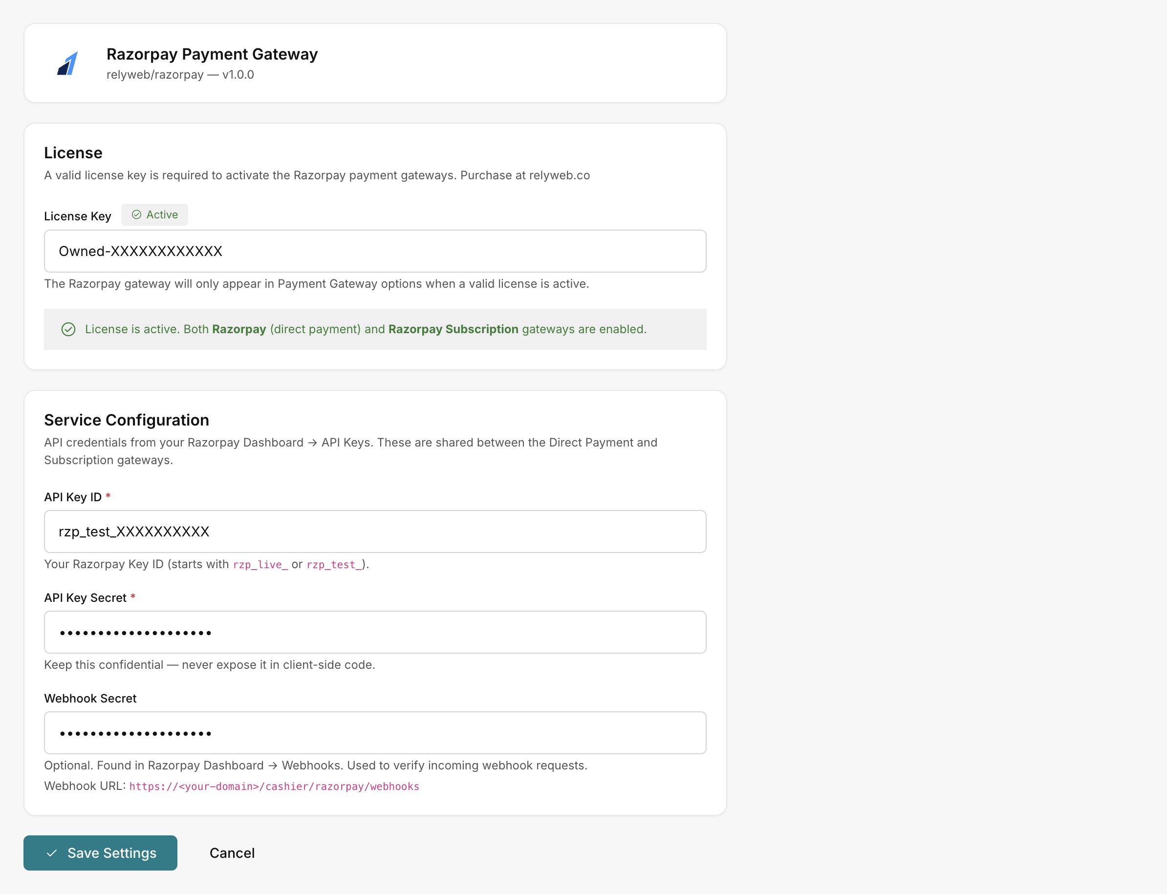 The Razorpay plugin settings in AcelleMail