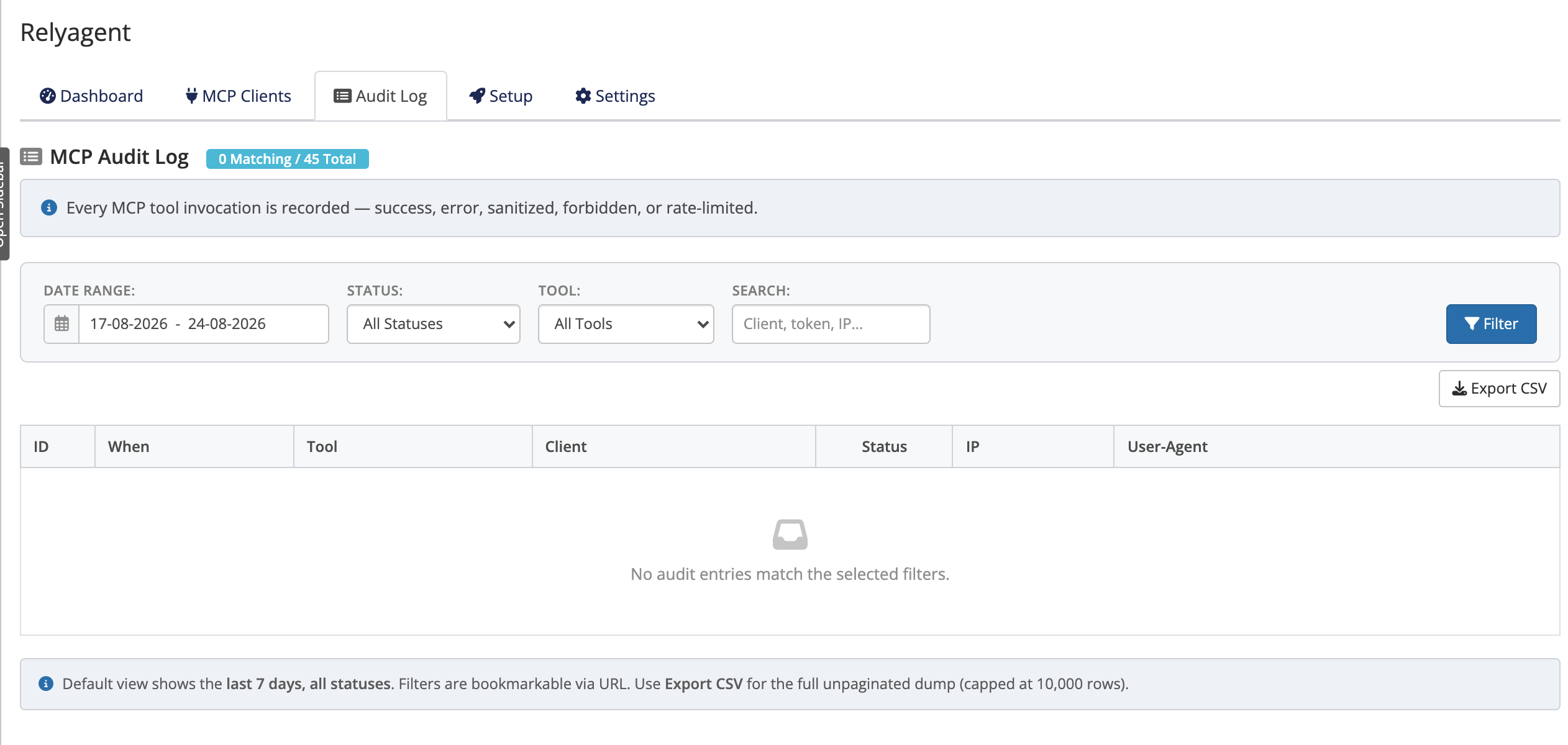 Audit log with filters