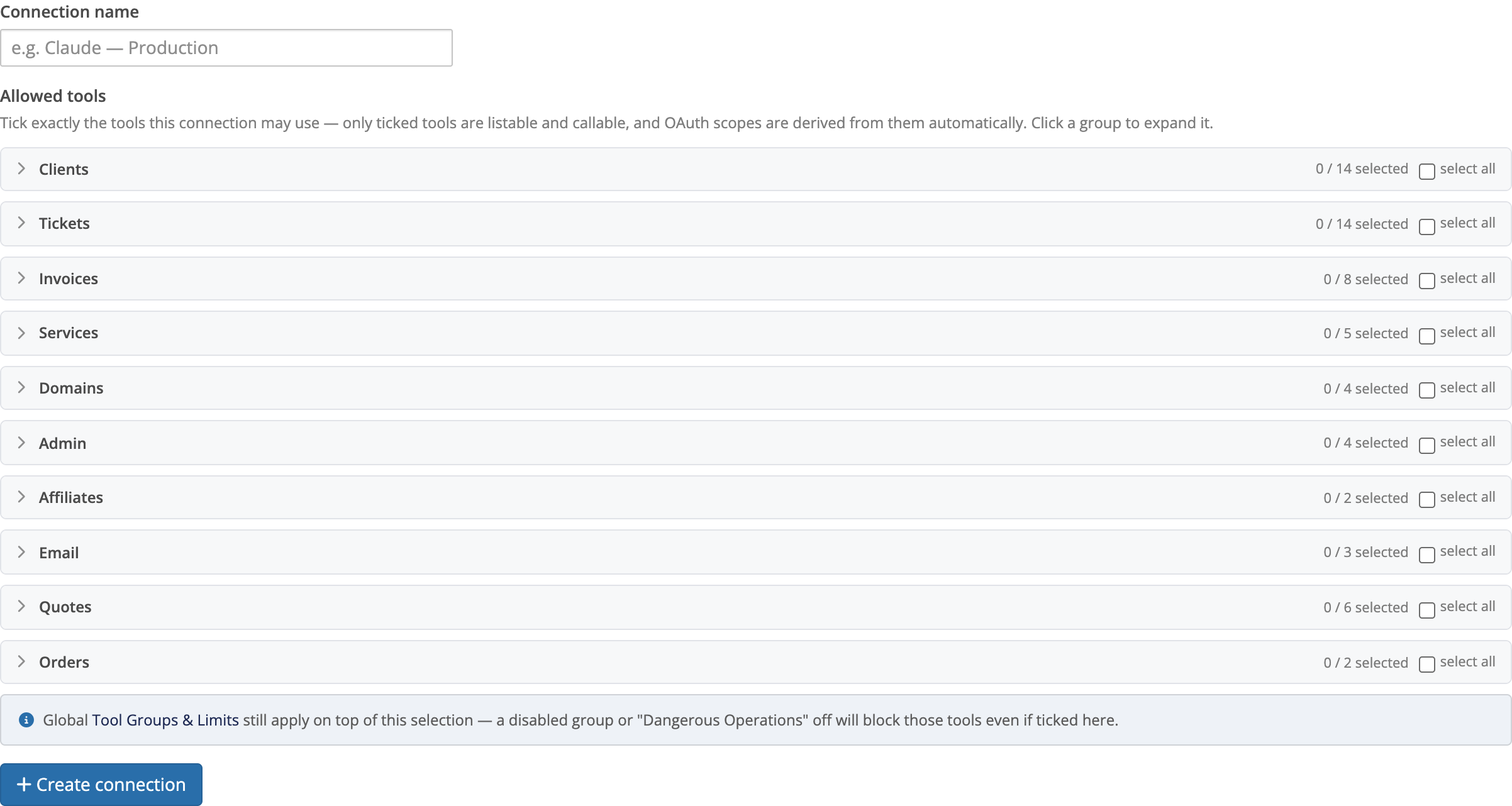 New connection form on the MCP Clients tab