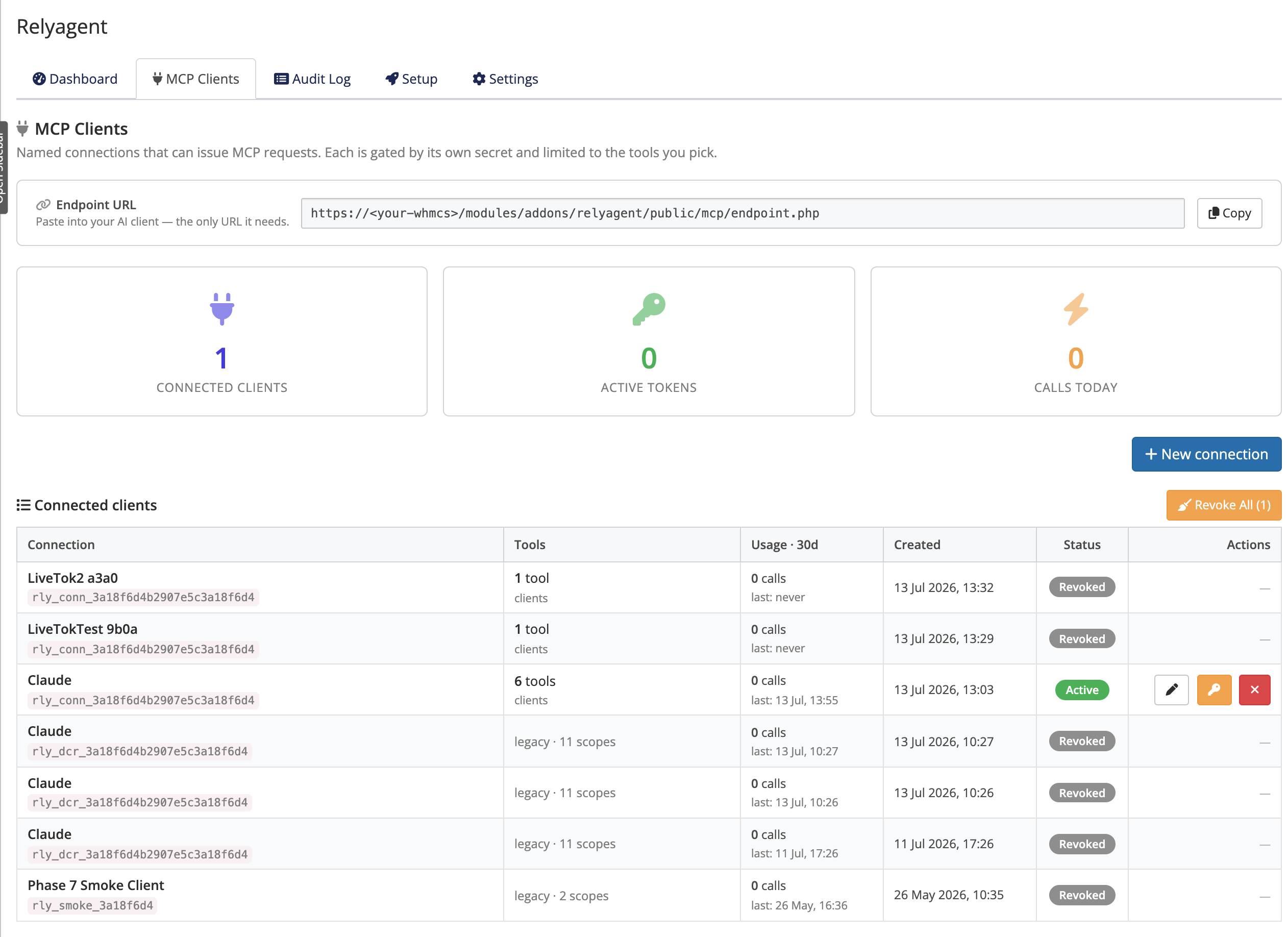 MCP Clients list with connections