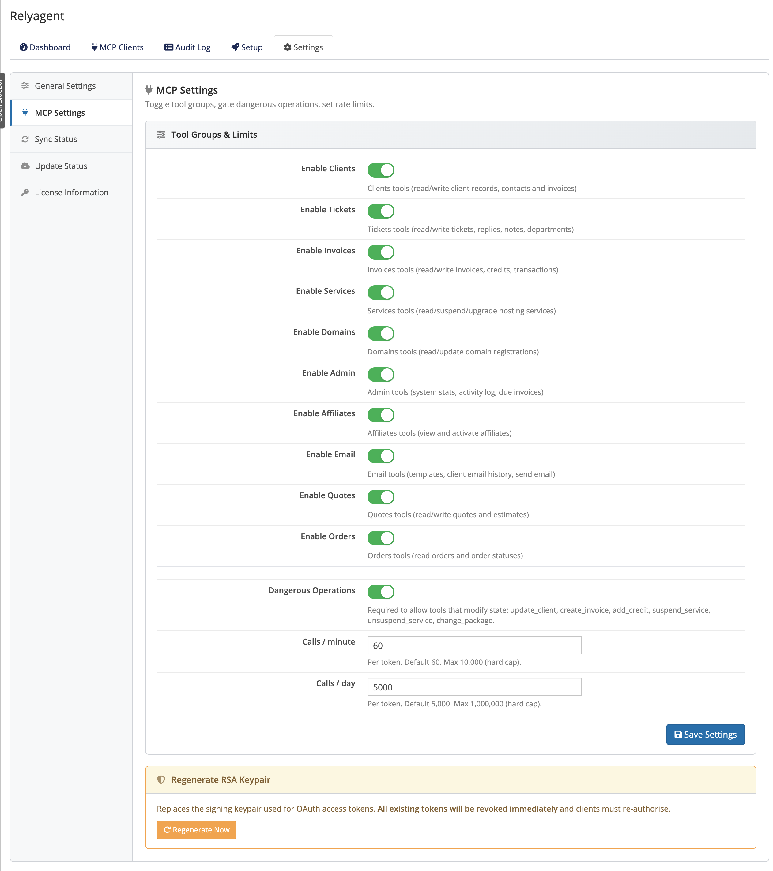 The MCP Settings tab — tool groups, Dangerous Operations and rate limits