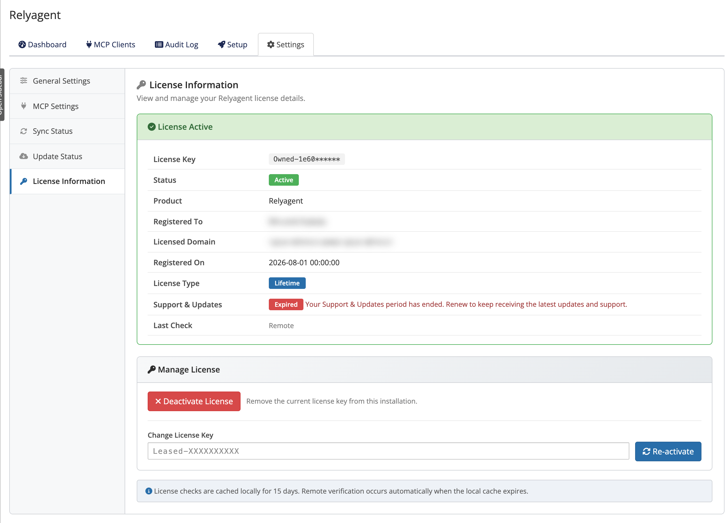 Relyagent License panel