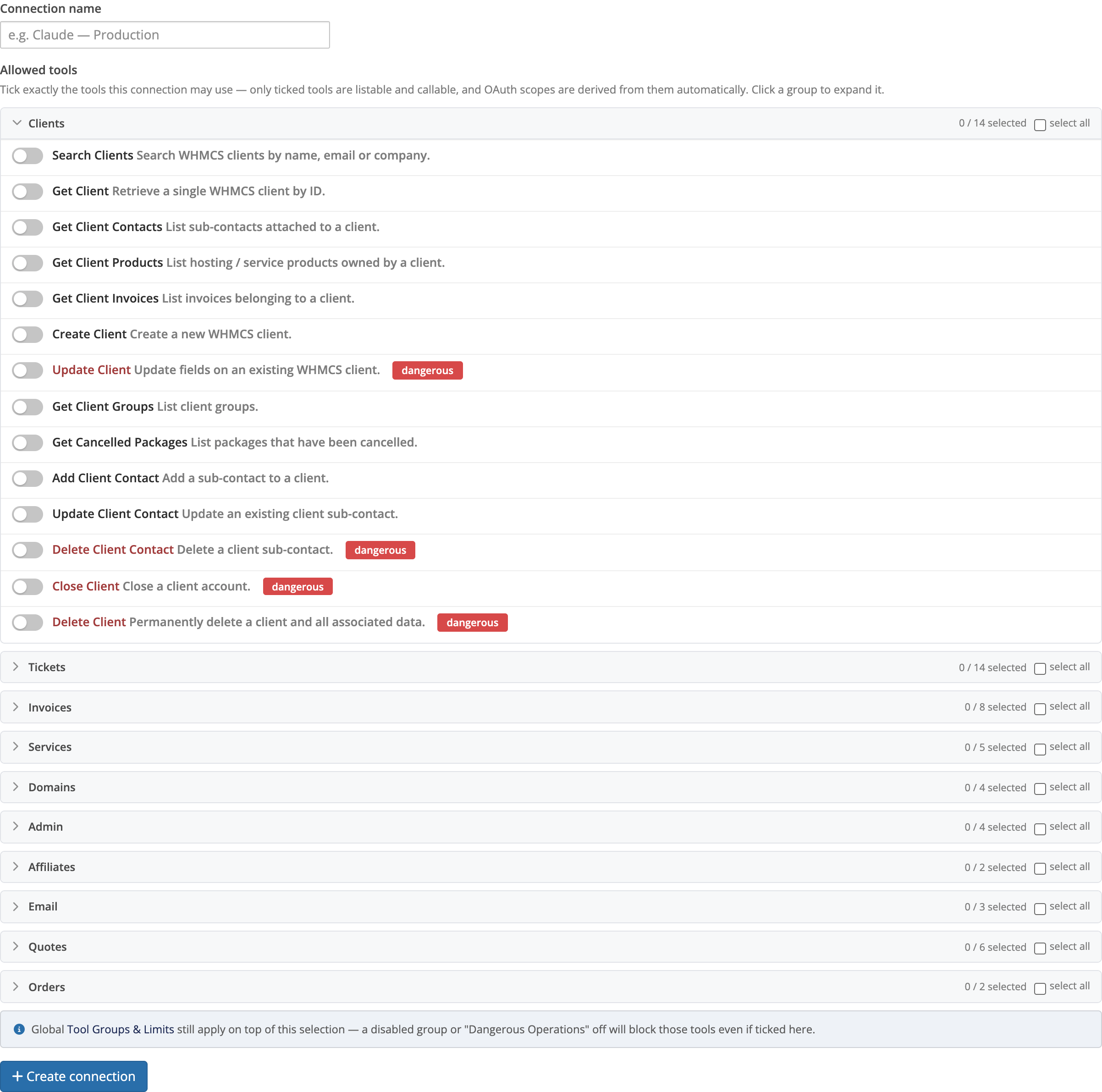 Tool picker with groups expanded