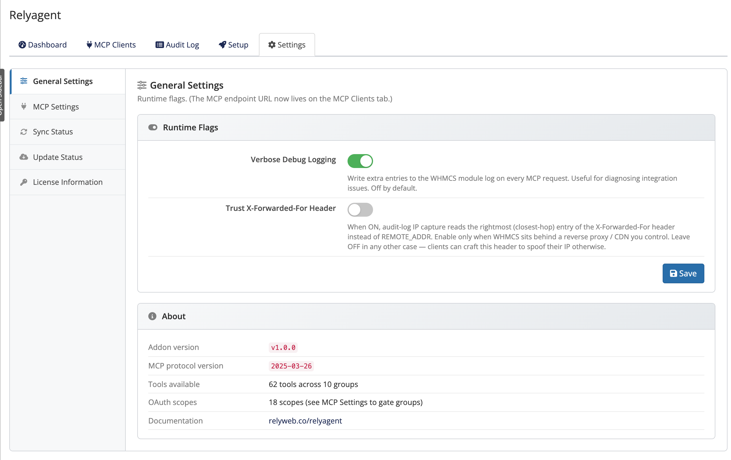 Relyagent Settings screen