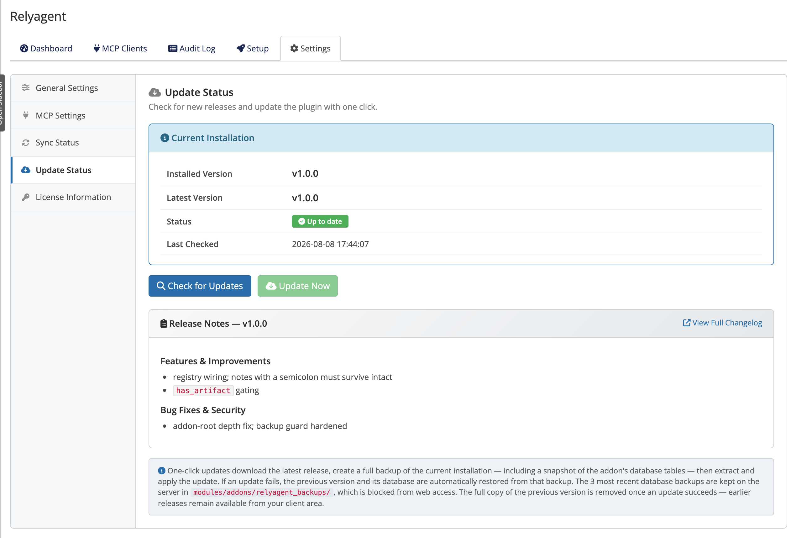 Relyagent Update Status panel