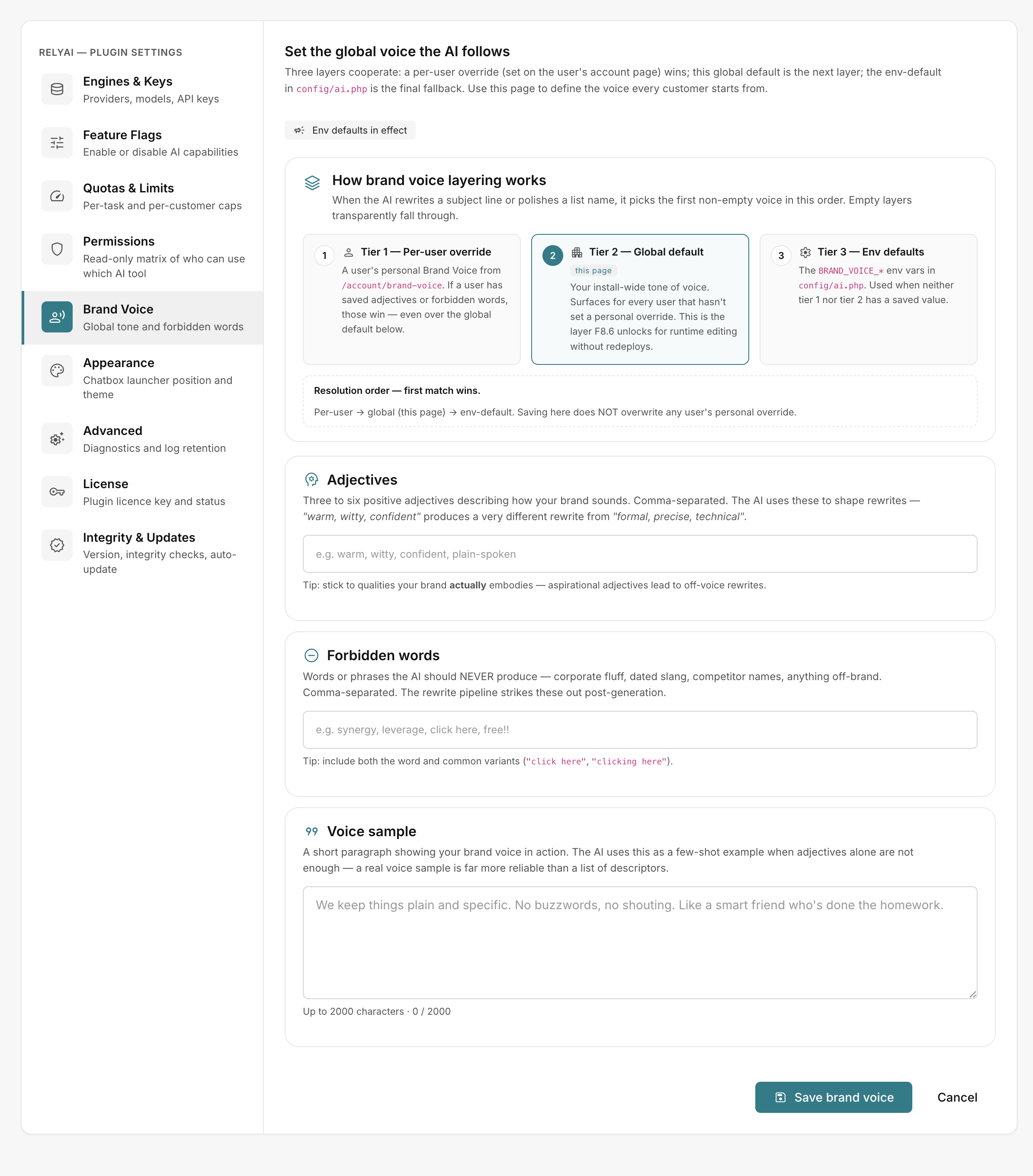 The Brand Voice settings tab