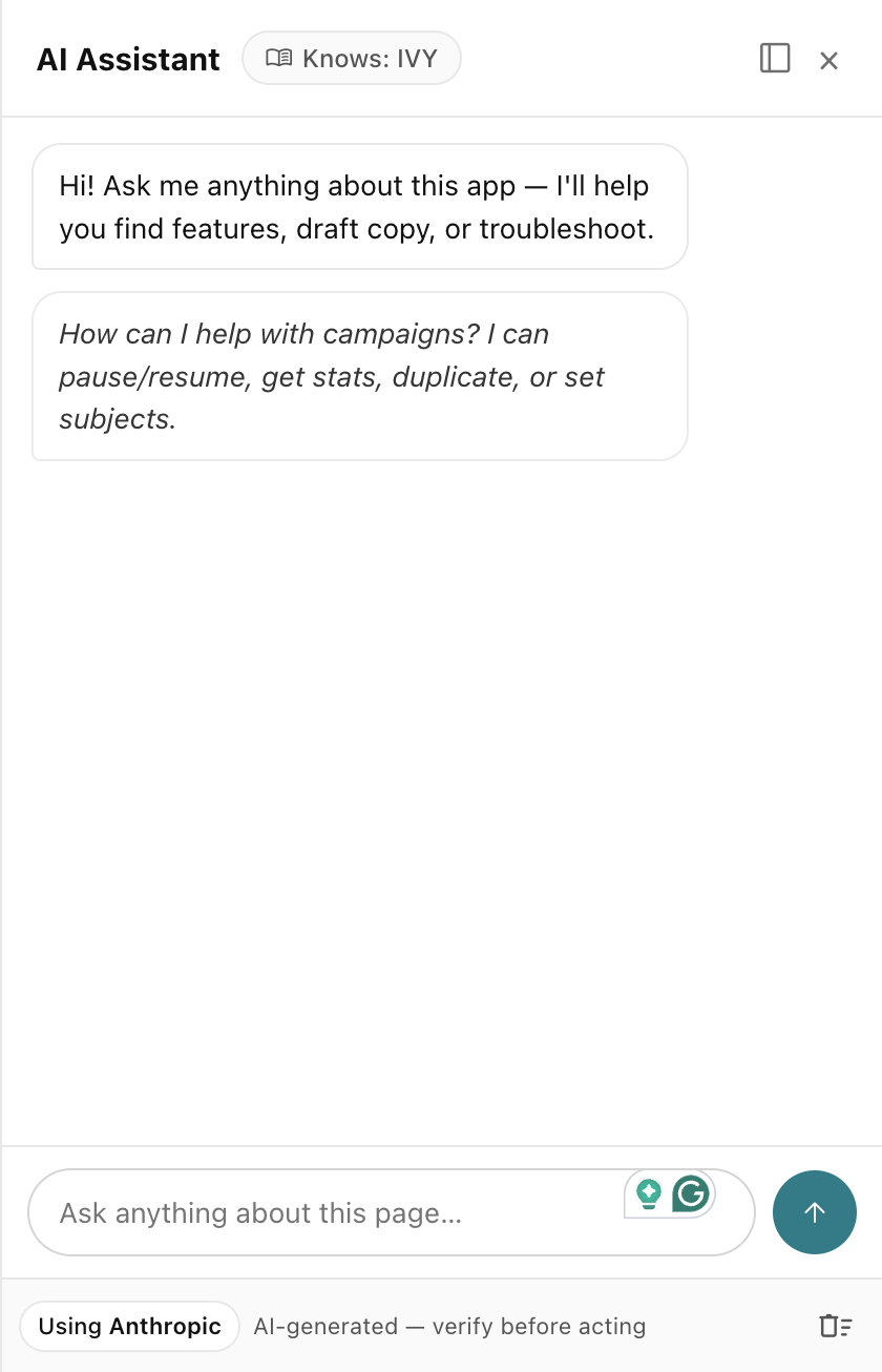 The RelyAI chatbox open in AcelleMail