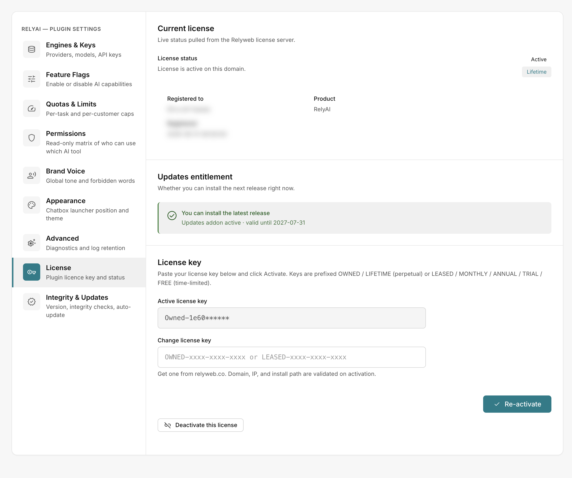 The License tab in RelyAI Settings