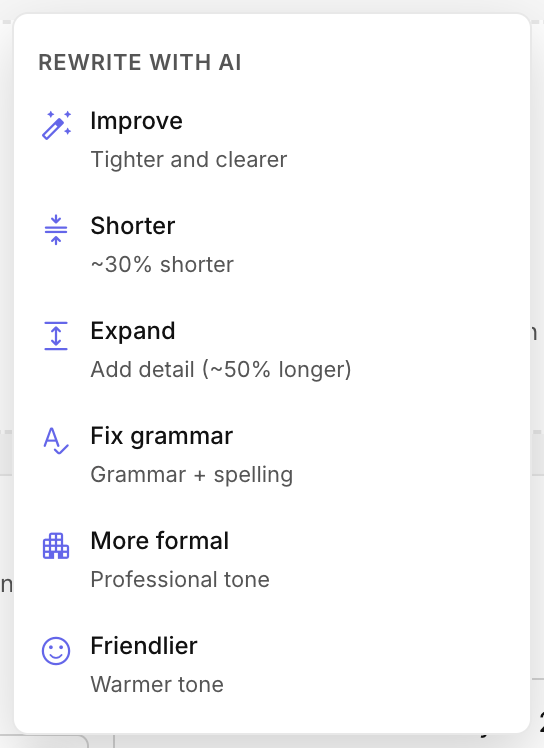 The sparkle rewrite popover next to selected text