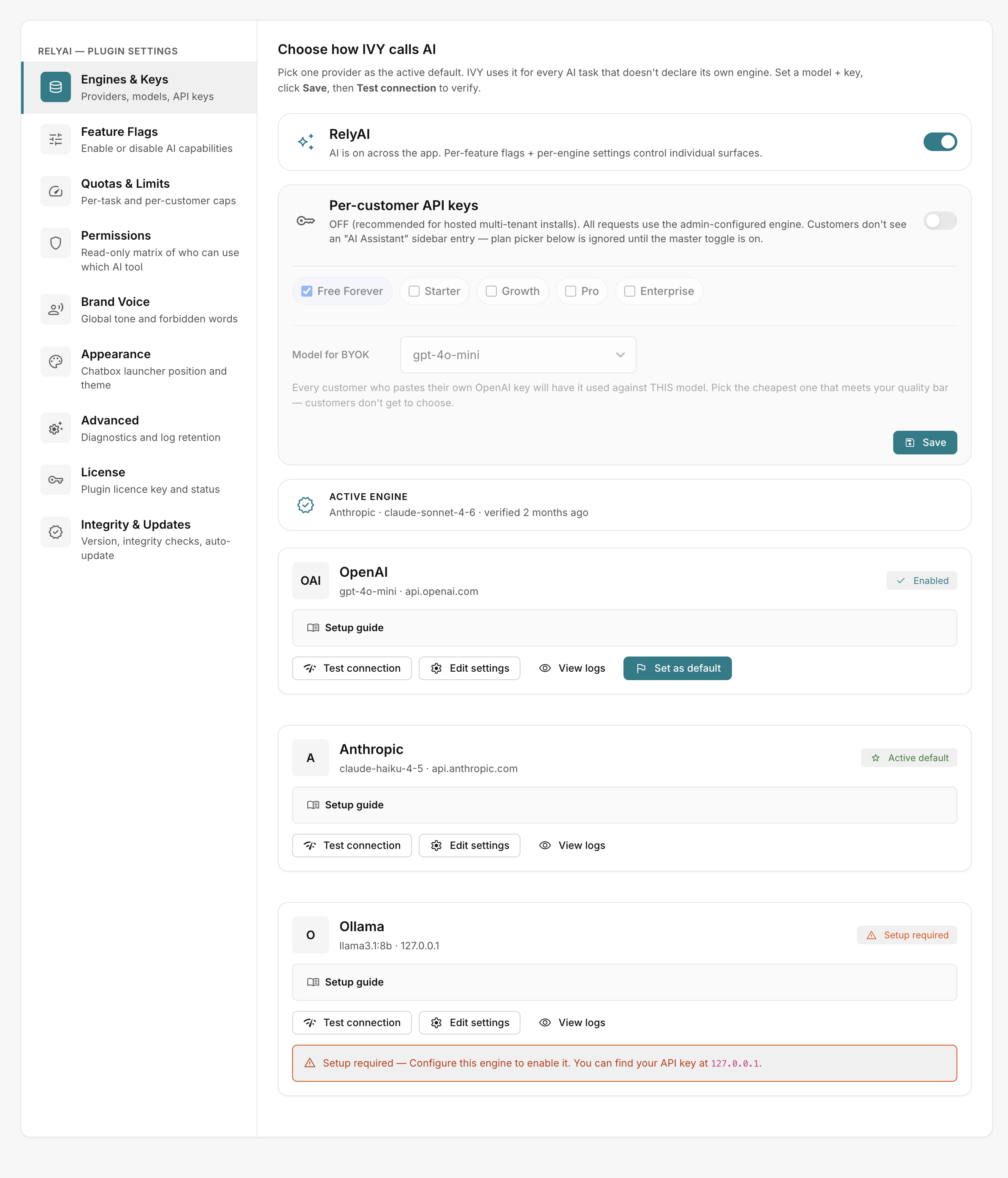 The RelyAI Settings tabs