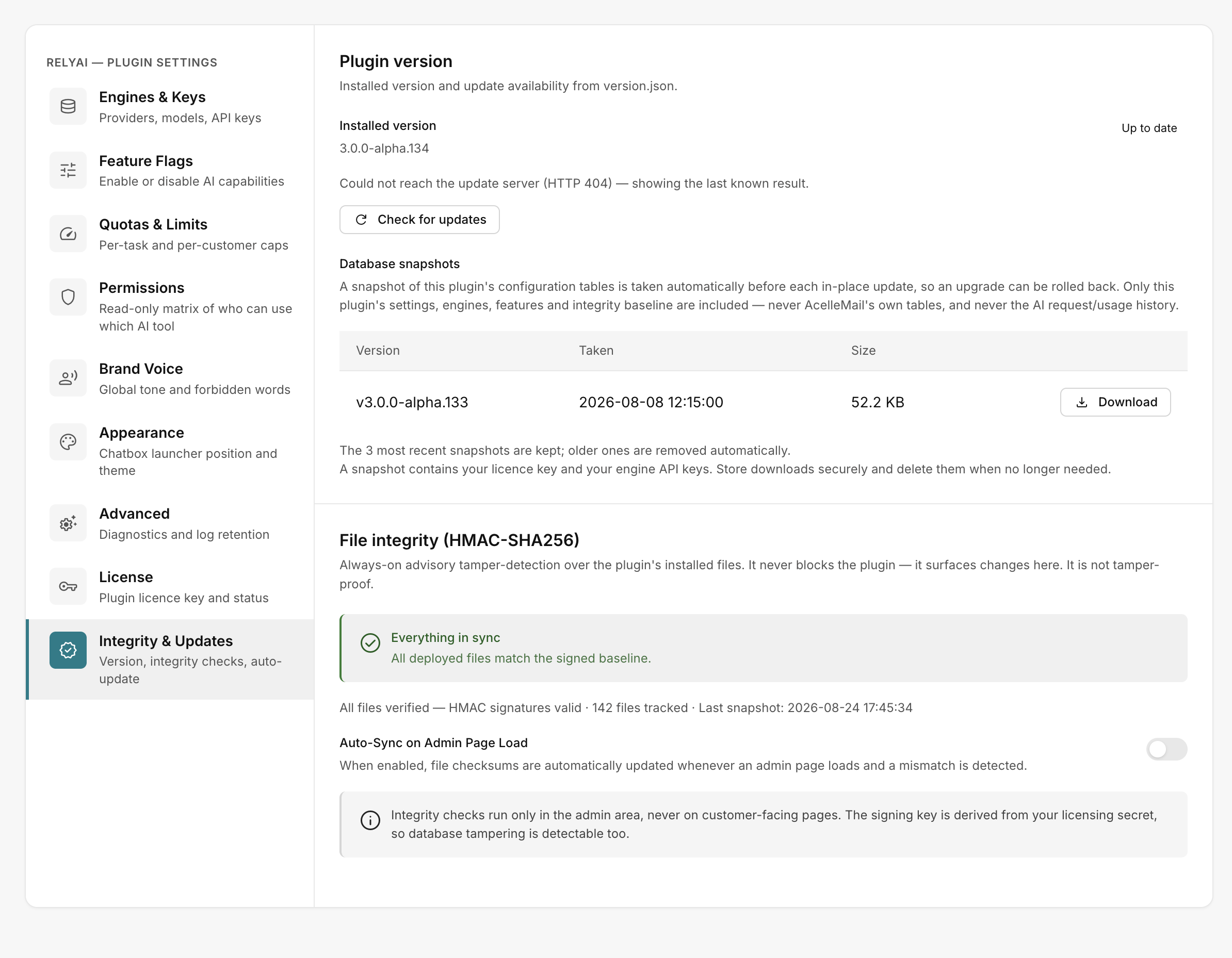 The Integrity & Updates tab