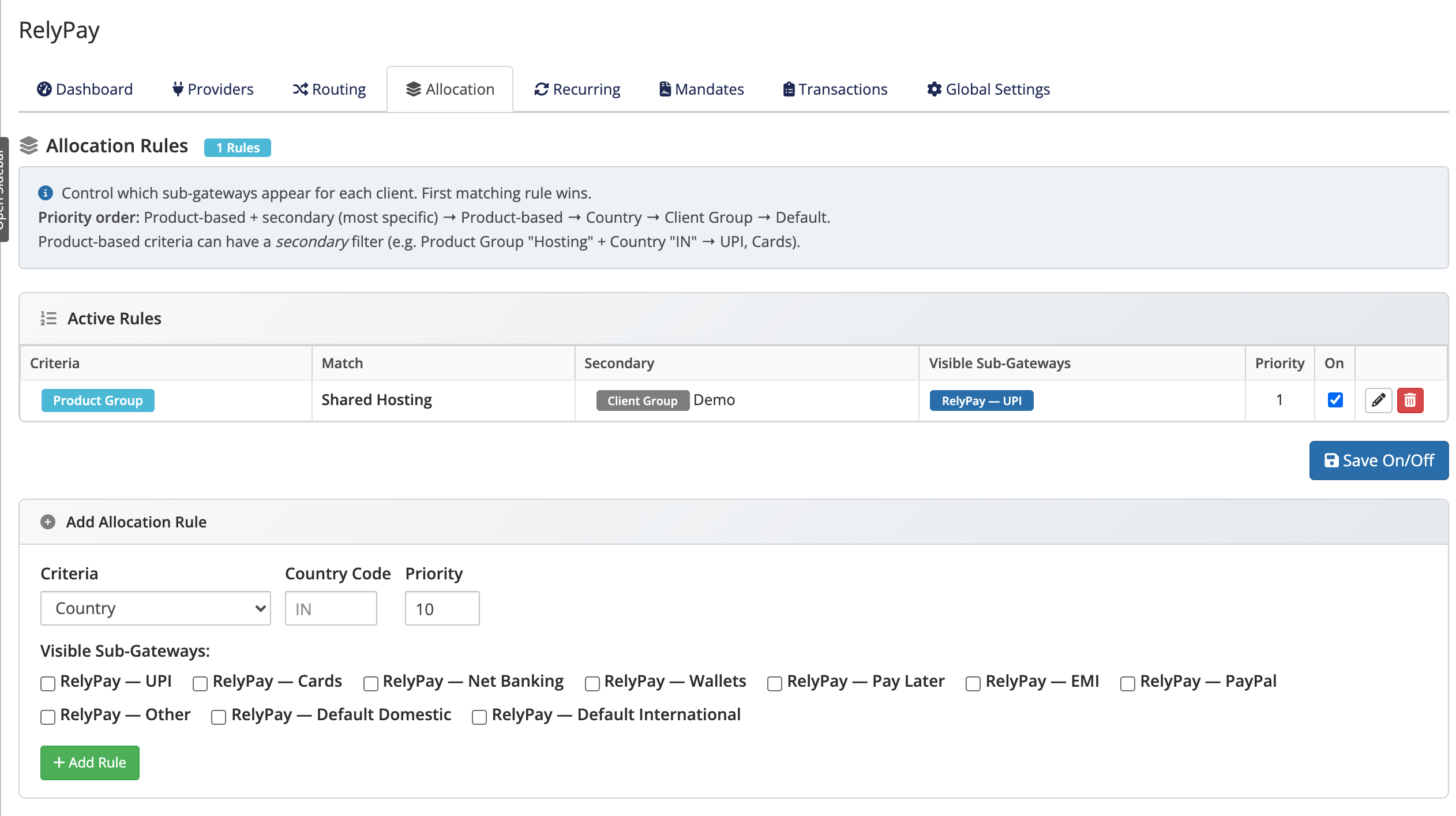 The RelyPay allocation rules screen