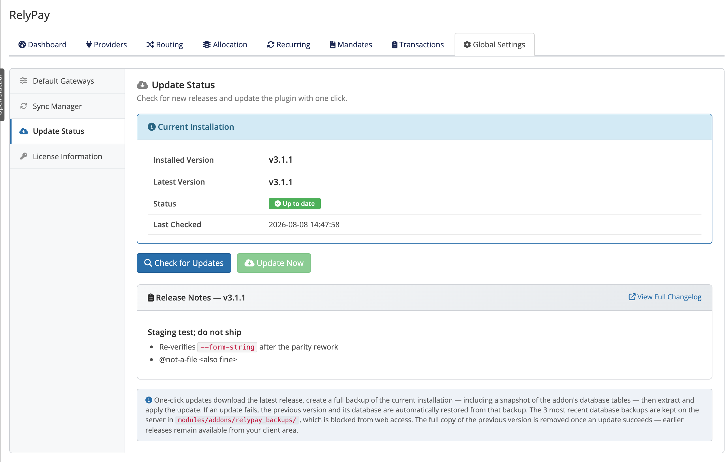 Database Backups panel