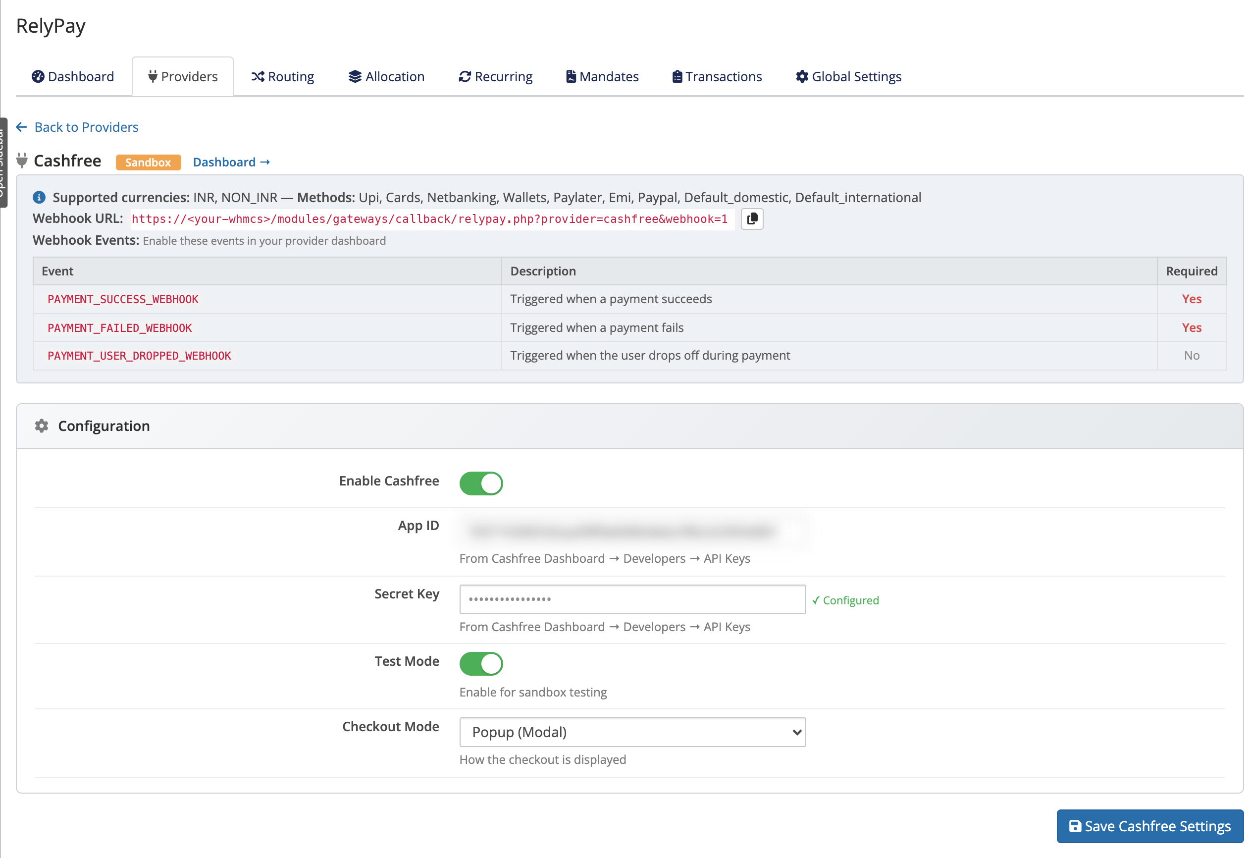 The Cashfree configuration card in RelyPay