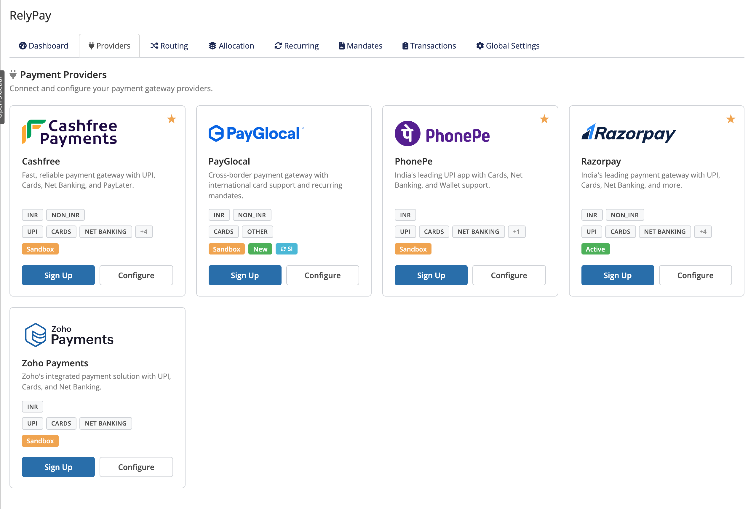 The RelyPay Providers page listing all five providers