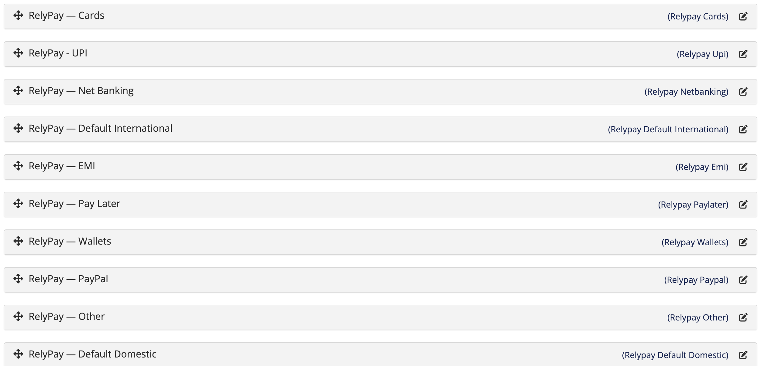 The RelyPay sub-gateways listed under Payment Gateways