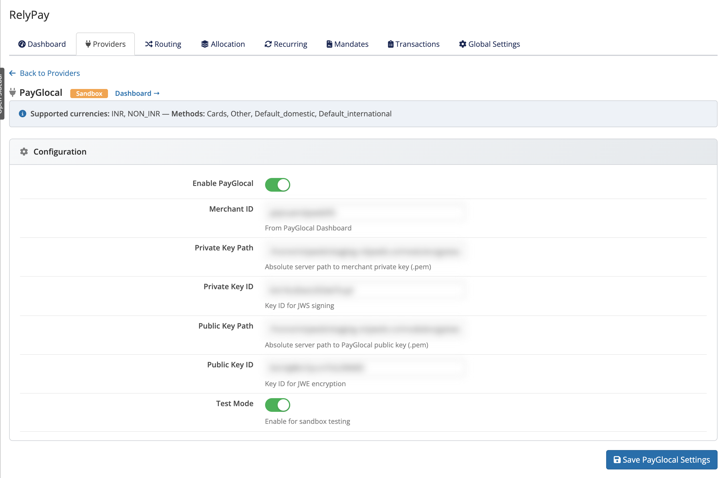 The PayGlocal configuration card in RelyPay