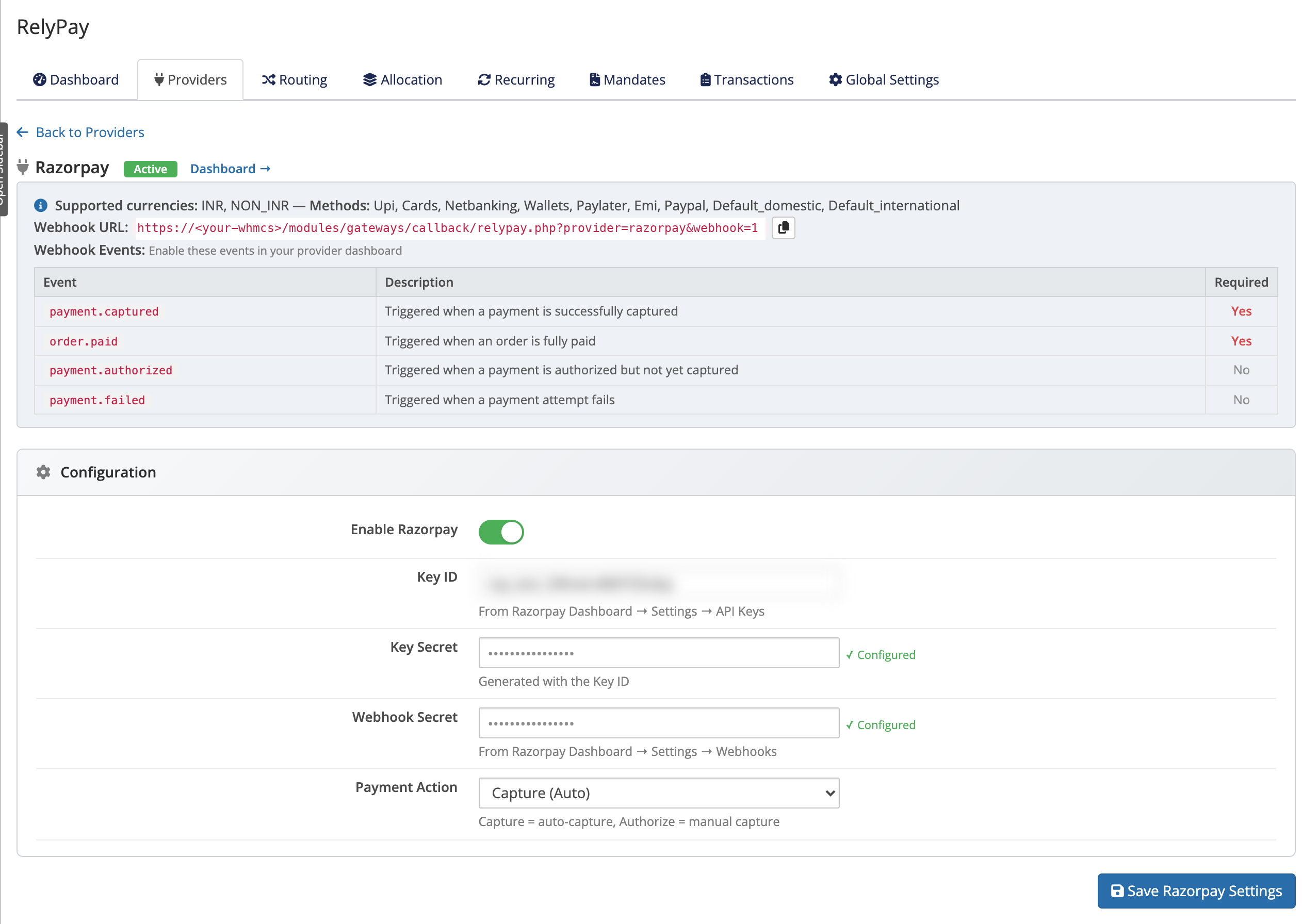 The Razorpay configuration card in RelyPay