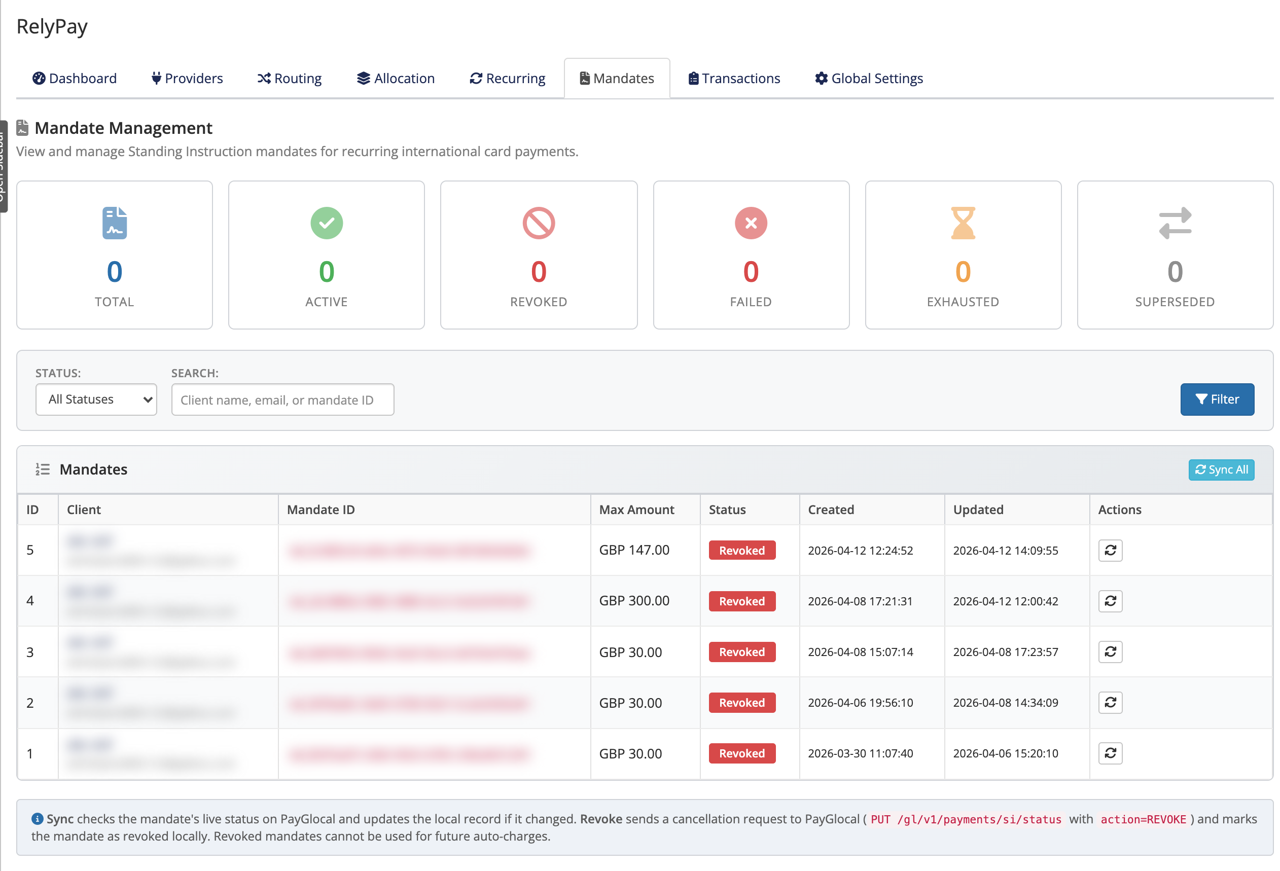 The RelyPay mandates screen