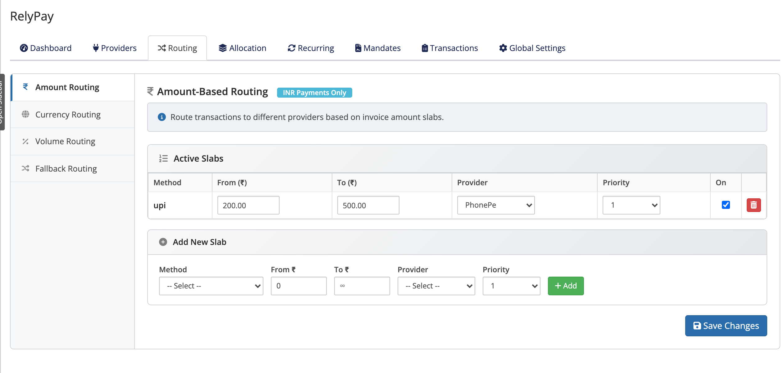 The RelyPay routing rules screen