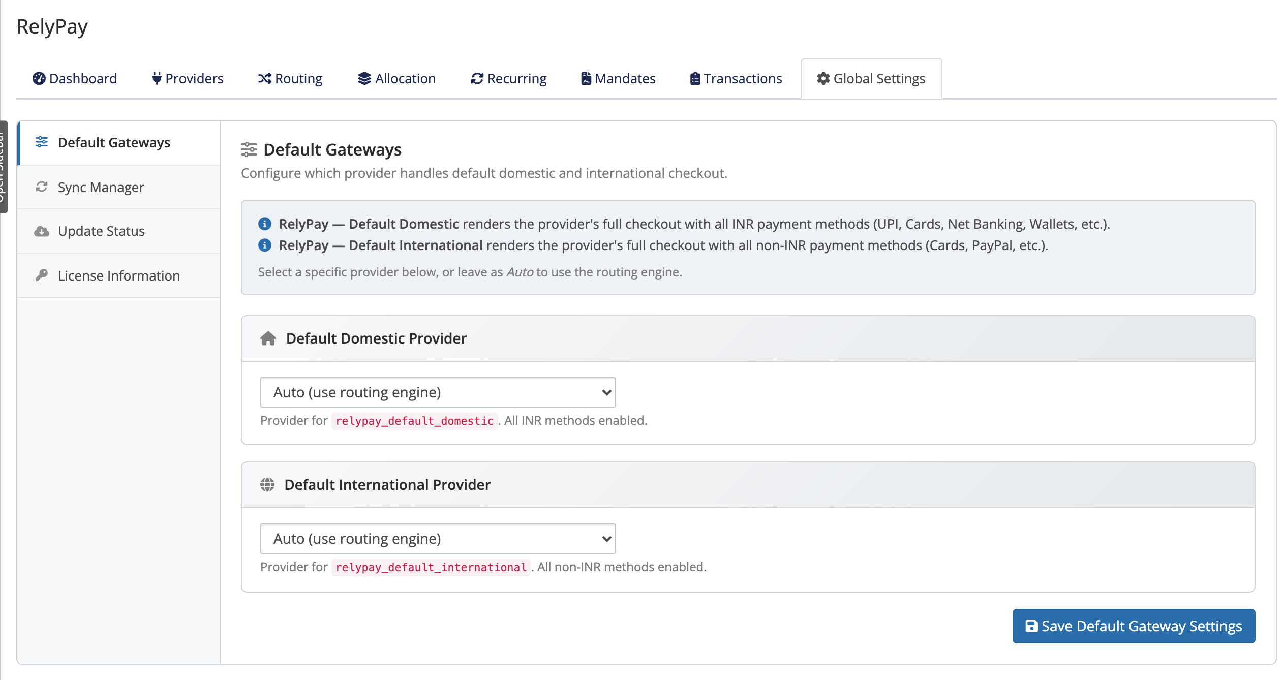 Default Gateways settings