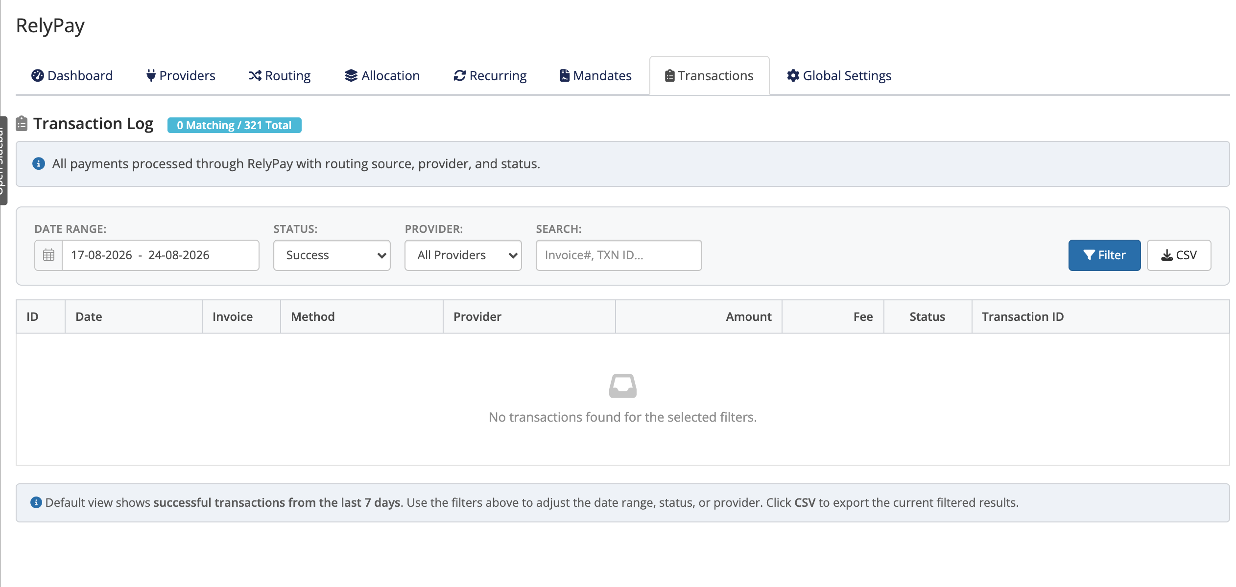 The RelyPay transactions log