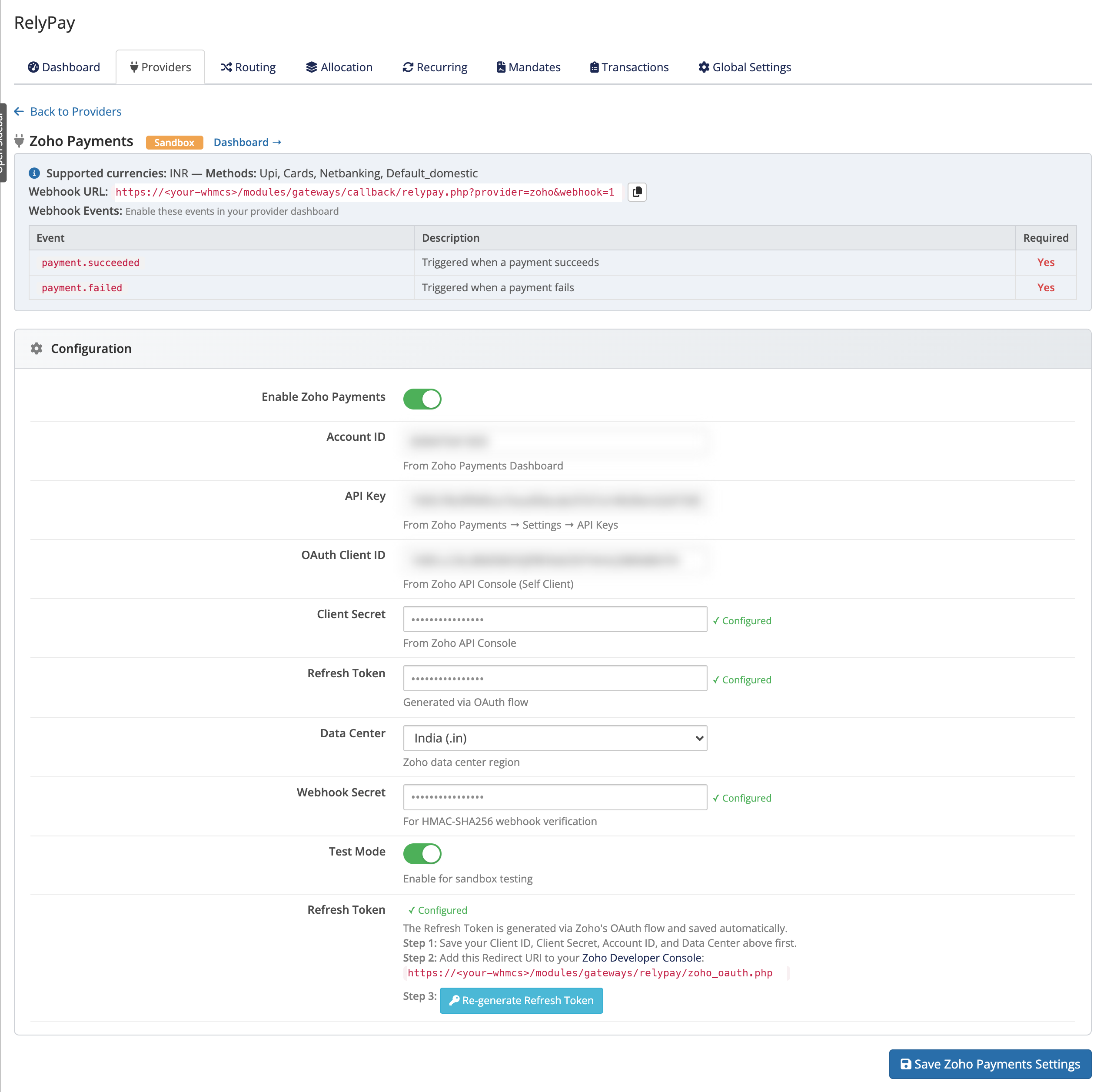 The Zoho Payments configuration card in RelyPay