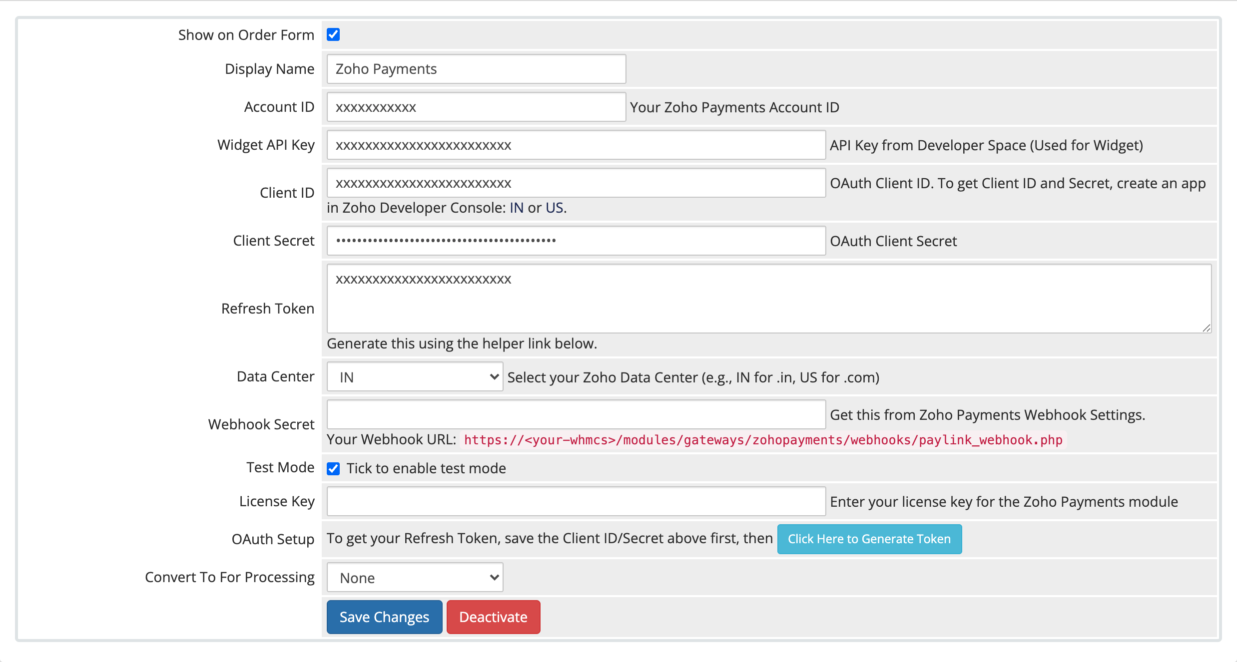 Zoho Payments gateway configuration form